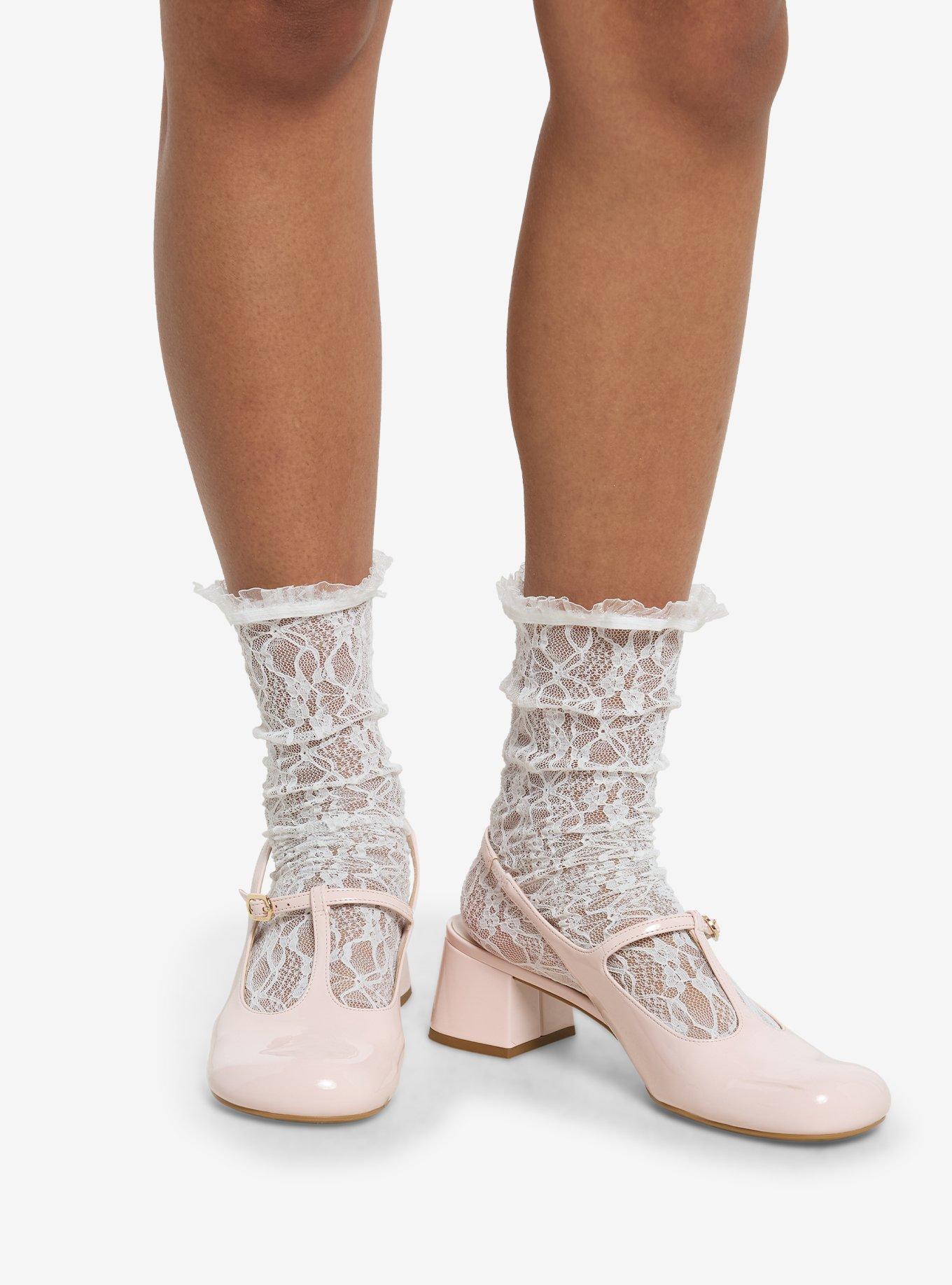 White Floral Lace Crew Socks, , hi-res