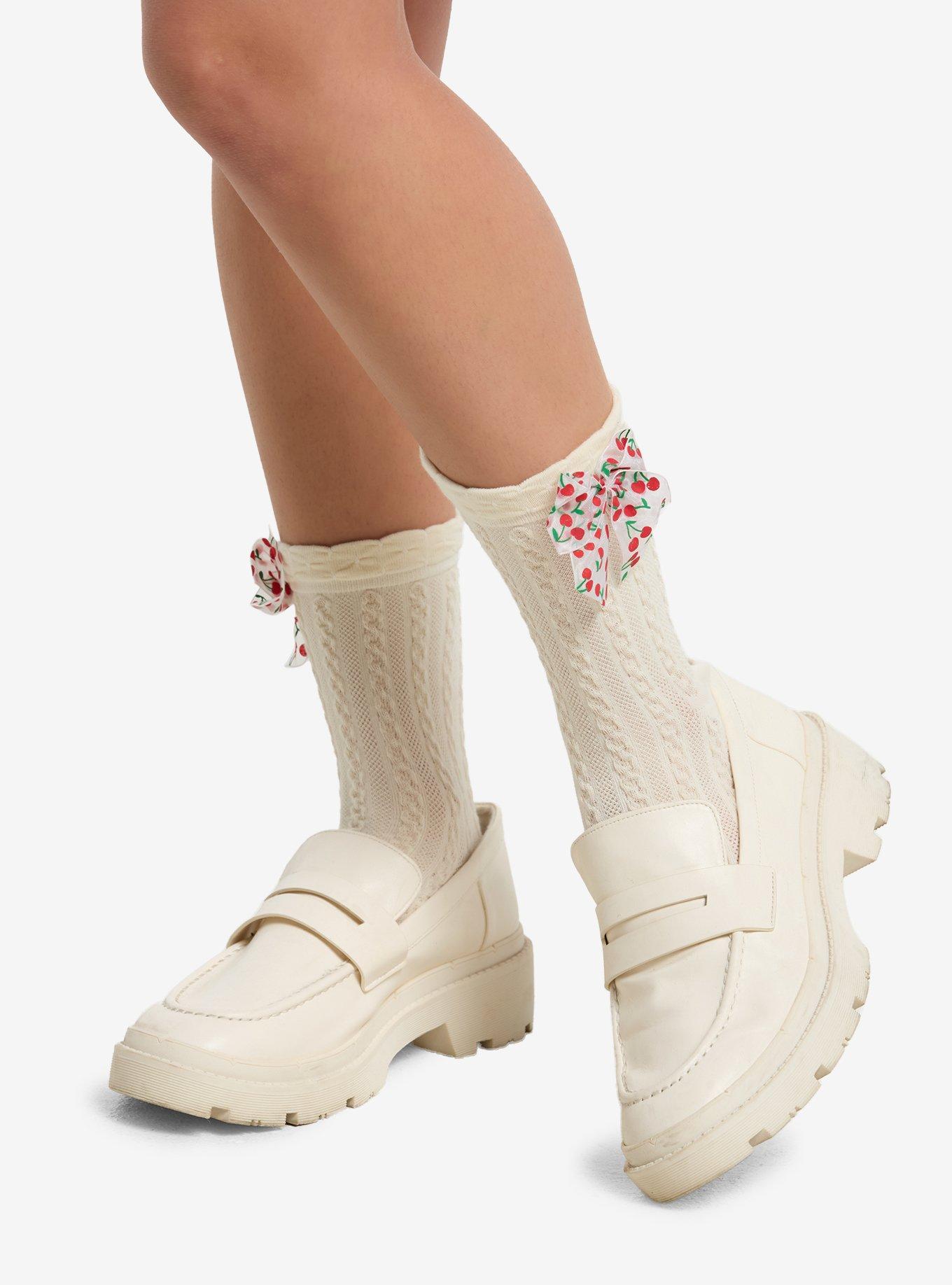 Cream Knit Cherry Bow Crew Socks, , hi-res