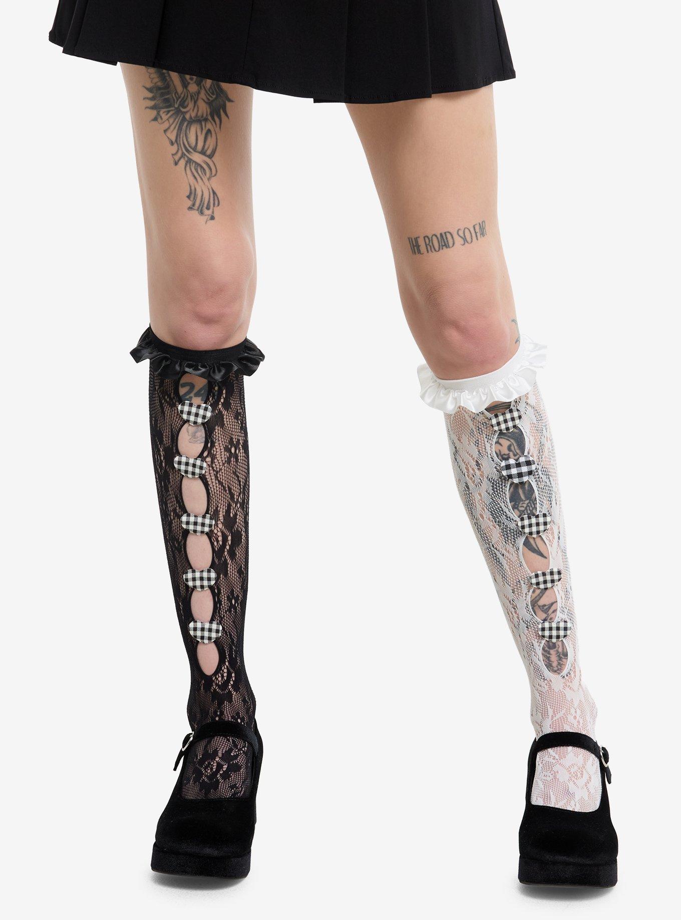 Black & White Gingham Hearts Mismatch Lace Knee-High Socks, , hi-res