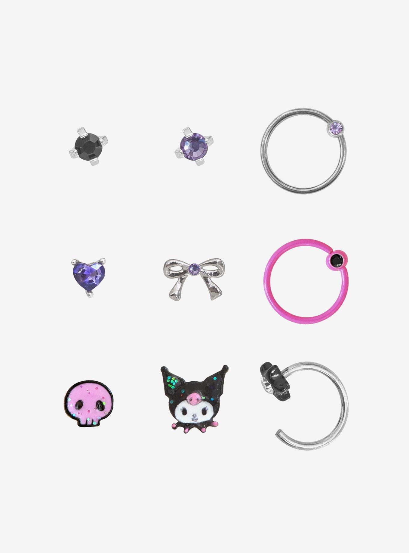 Steel Silver & Pink Kuromi Skull Nose Stud & Hoop 9 Pack, , hi-res