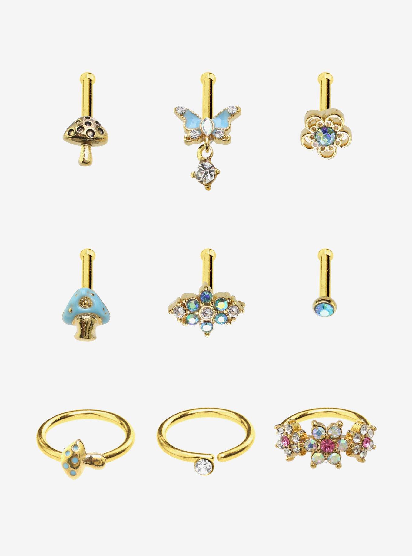 Steel Gold Vintage Butterfly Floral Mushroom Nose Stud & Hoop 9 Pack, , hi-res
