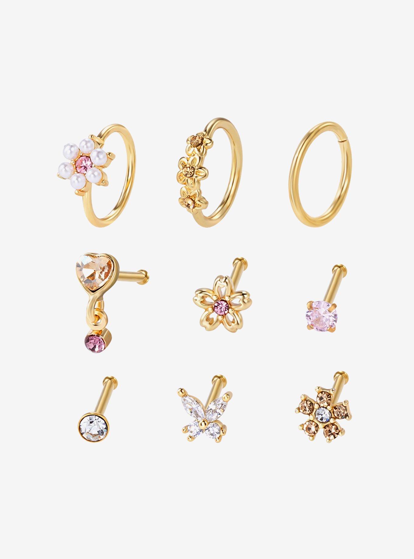 Steel Gold Floral Butterfly Nose Stud & Hoop 9 Pack, , hi-res