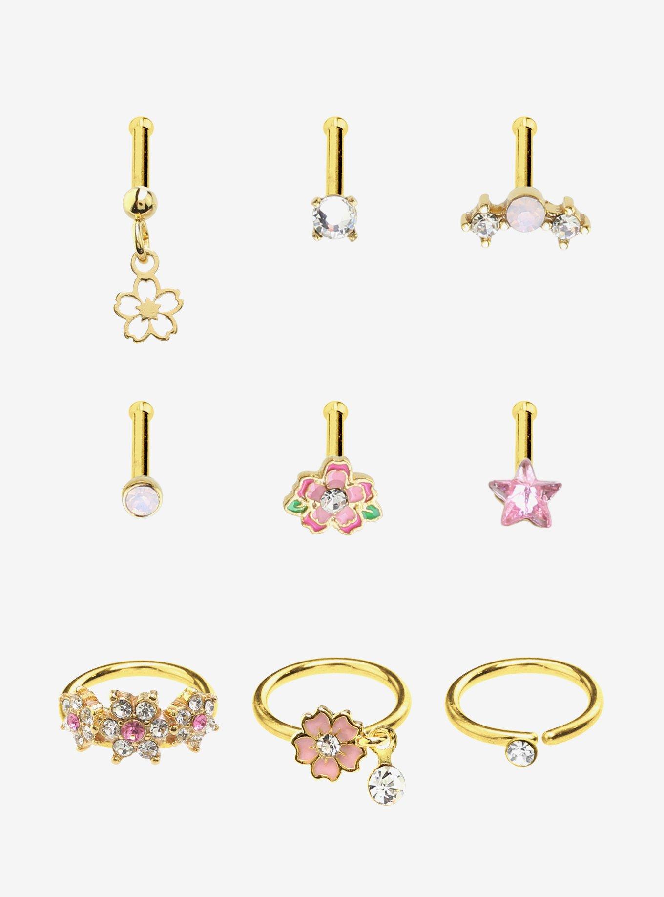 Steel Gold Sakura Flower Bling Nose Stud & Hoop 9 Pack