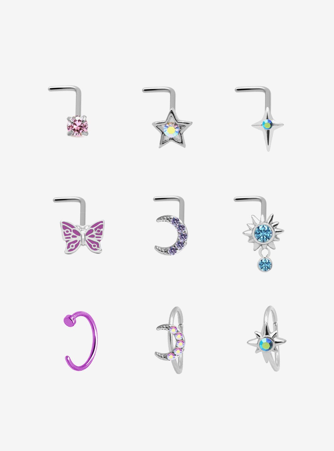 Steel Butterfly Moon Star Nose Stud & Hoop 9 Pack, , hi-res