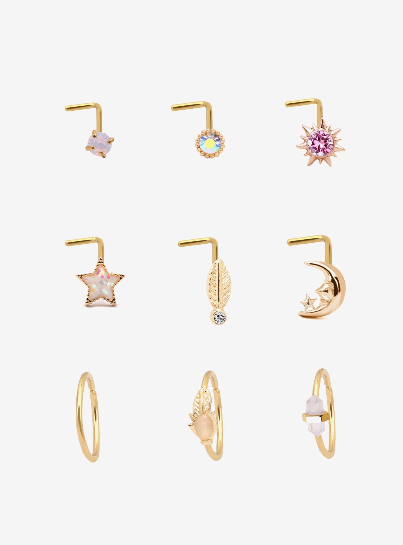 Steel Boho Feather Nose Stud & Hoop 9 Pack, , hi-res