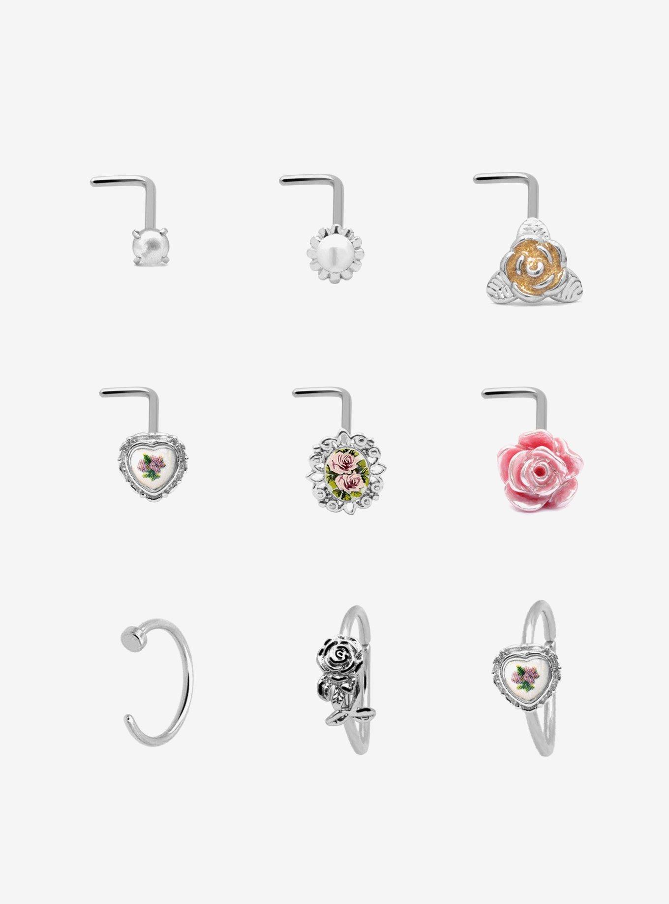 Steel Vintage Heart Cameo Nose Stud & Hoop 9 Pack, , hi-res