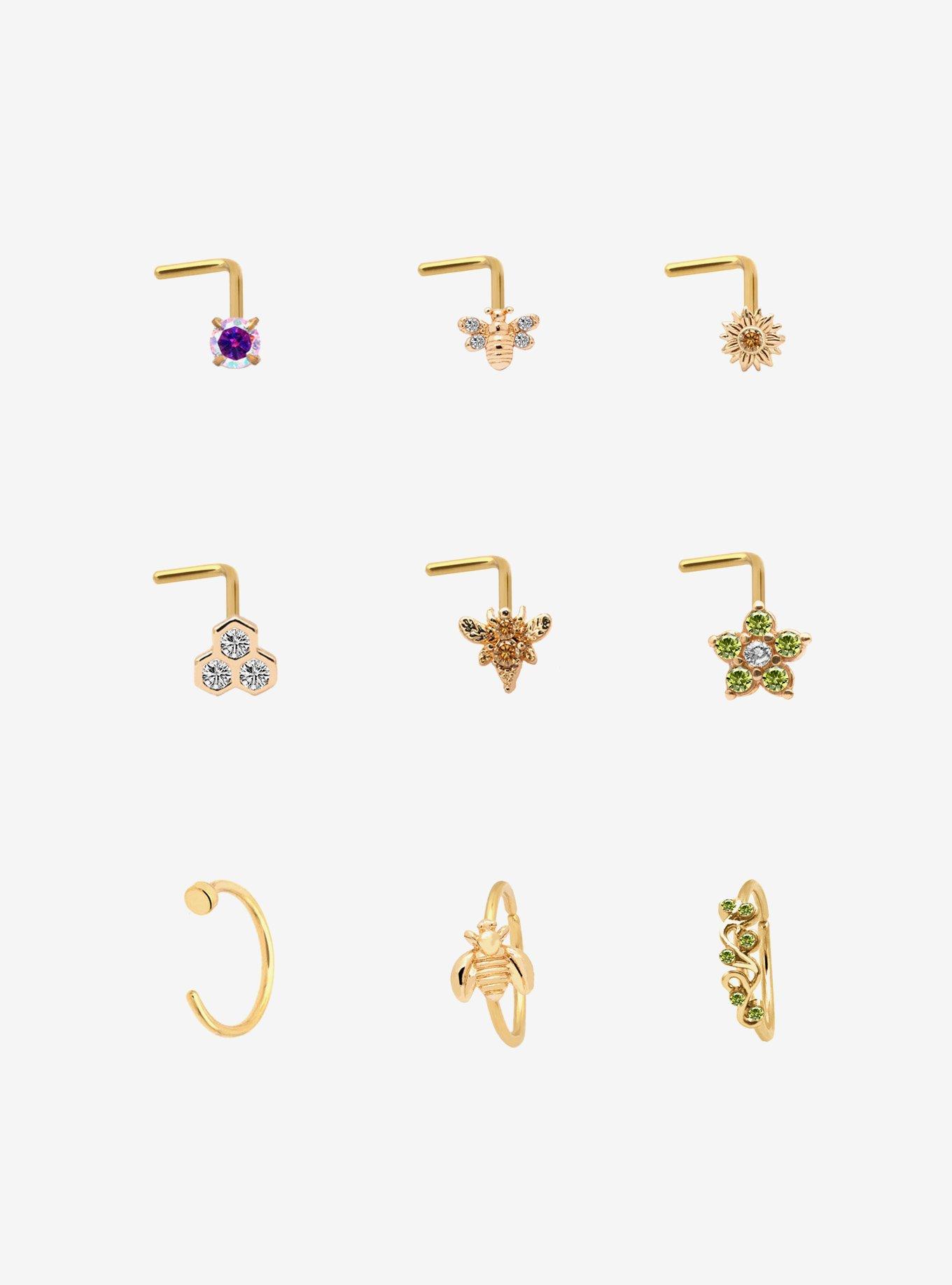 Steel Gold Bee Nose Stud & Hoop 9 Pack, , hi-res