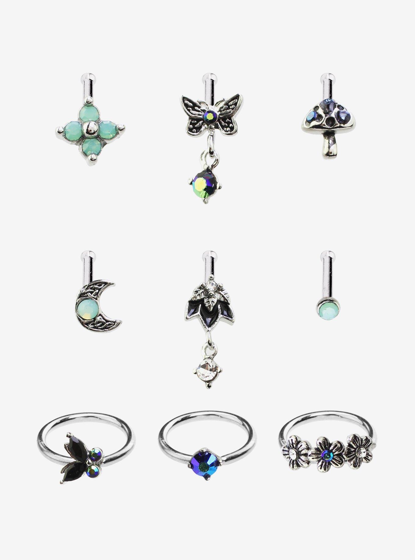 Steel Silver Blue Butterfly Mushroom Nose Stud & Hoop 9 Pack, , hi-res