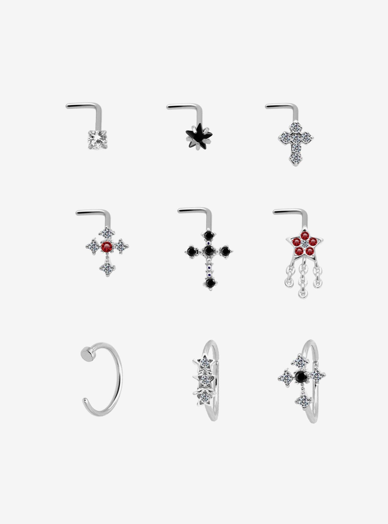Steel Cross Star Nose Stud & Hoop 9 Pack, , hi-res