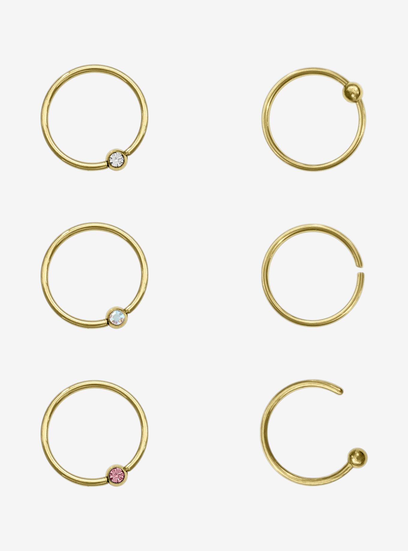Steel Gold Gem Basic Nose Hoop 6 Pack, , hi-res
