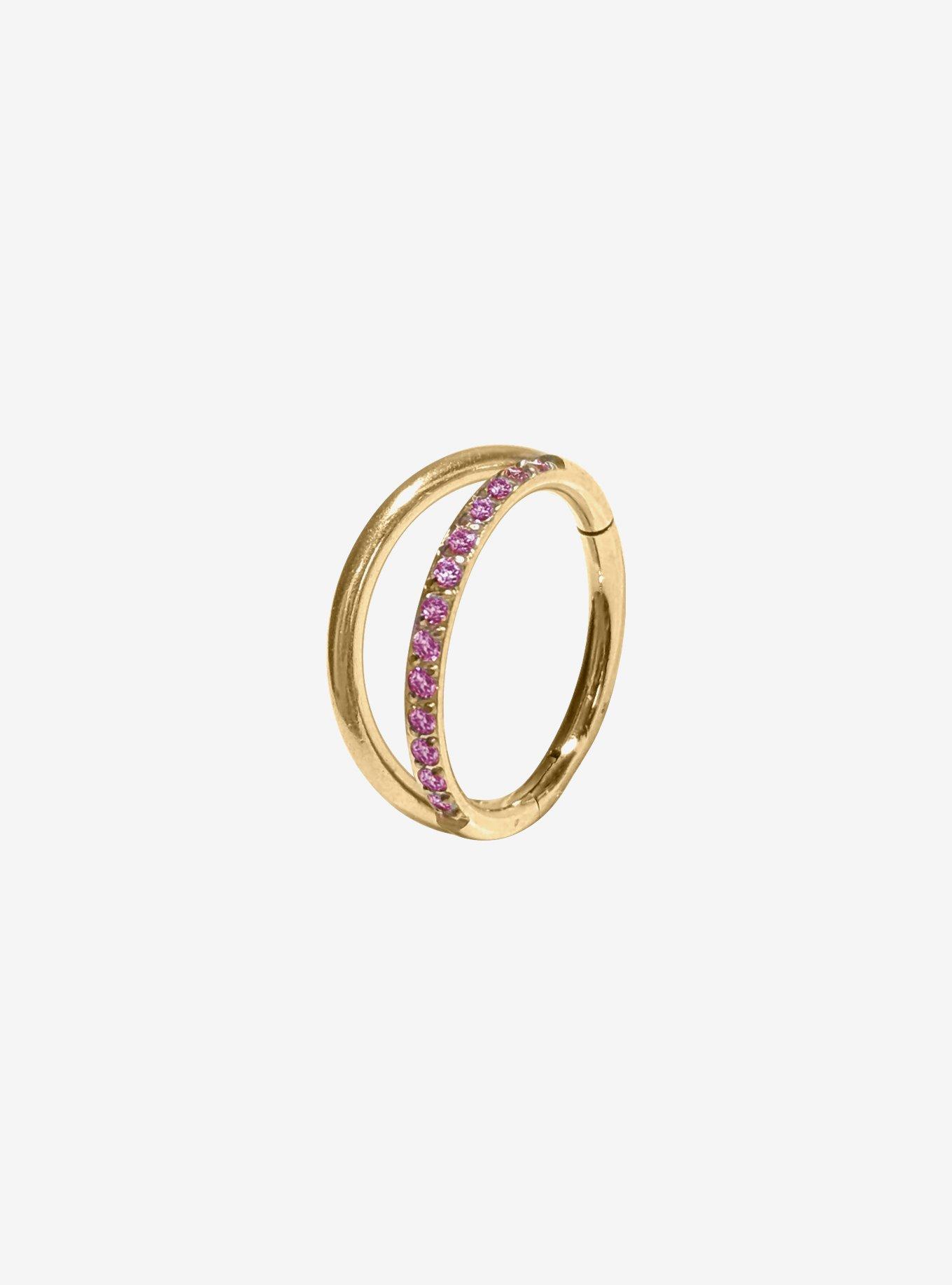 Steel Gold Pink CZ Gem Double Hoop Hinged Clicker, , hi-res