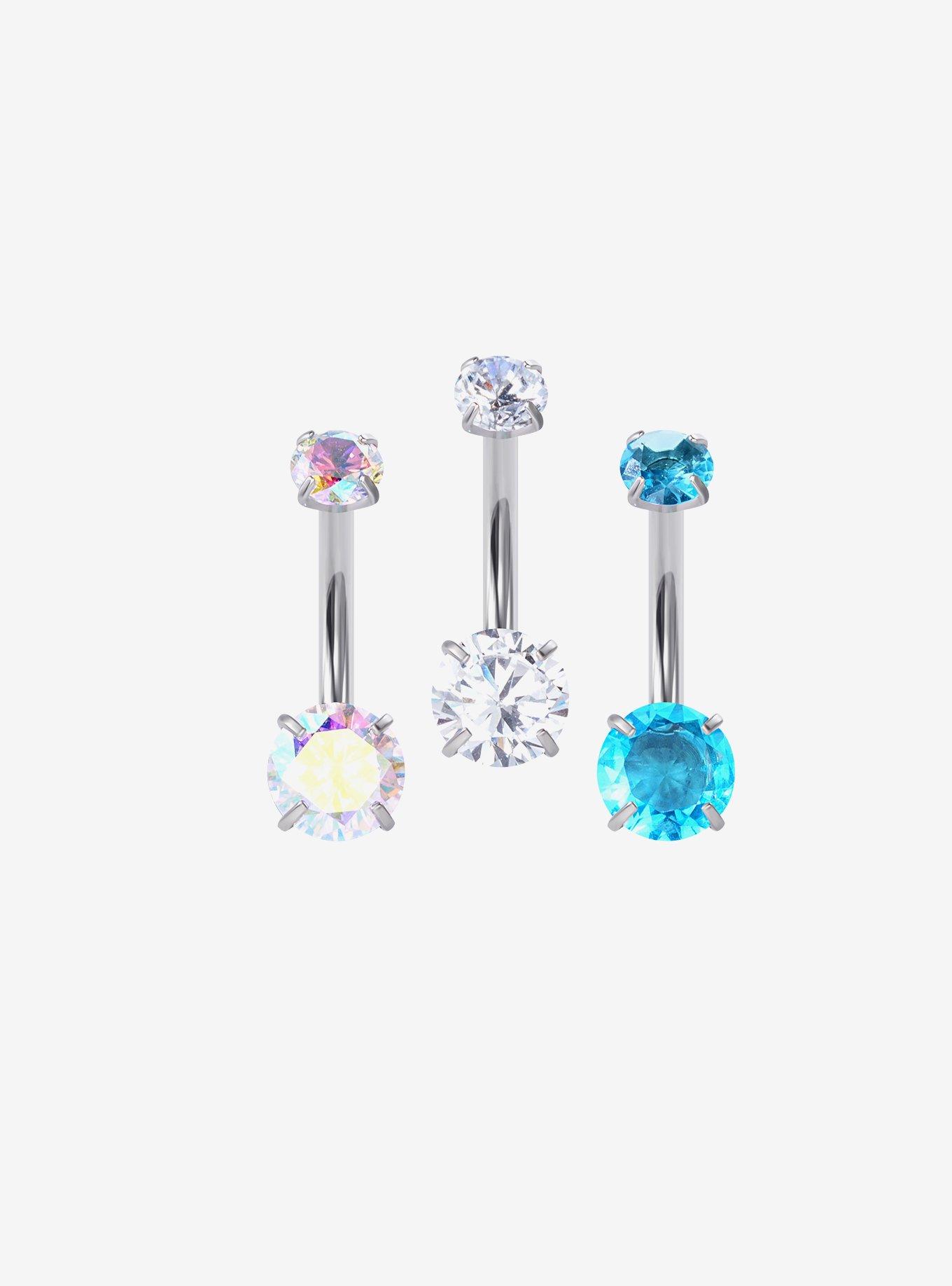 14G Steel Clear Iridescent Blue Navel Barbell 3 Pack, , hi-res