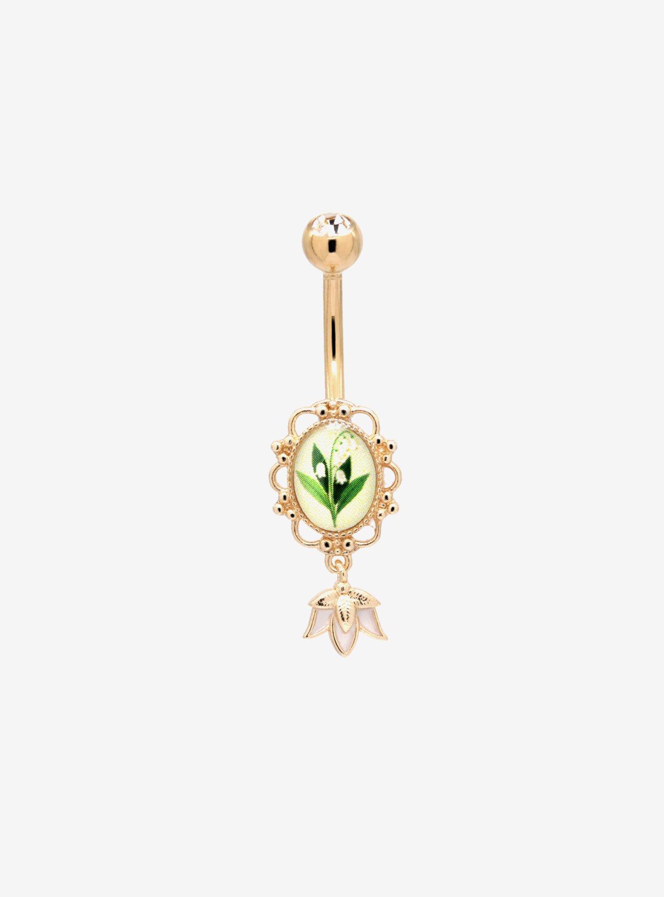 14G Gold Lily Of The Valley Navel Barbell, , hi-res