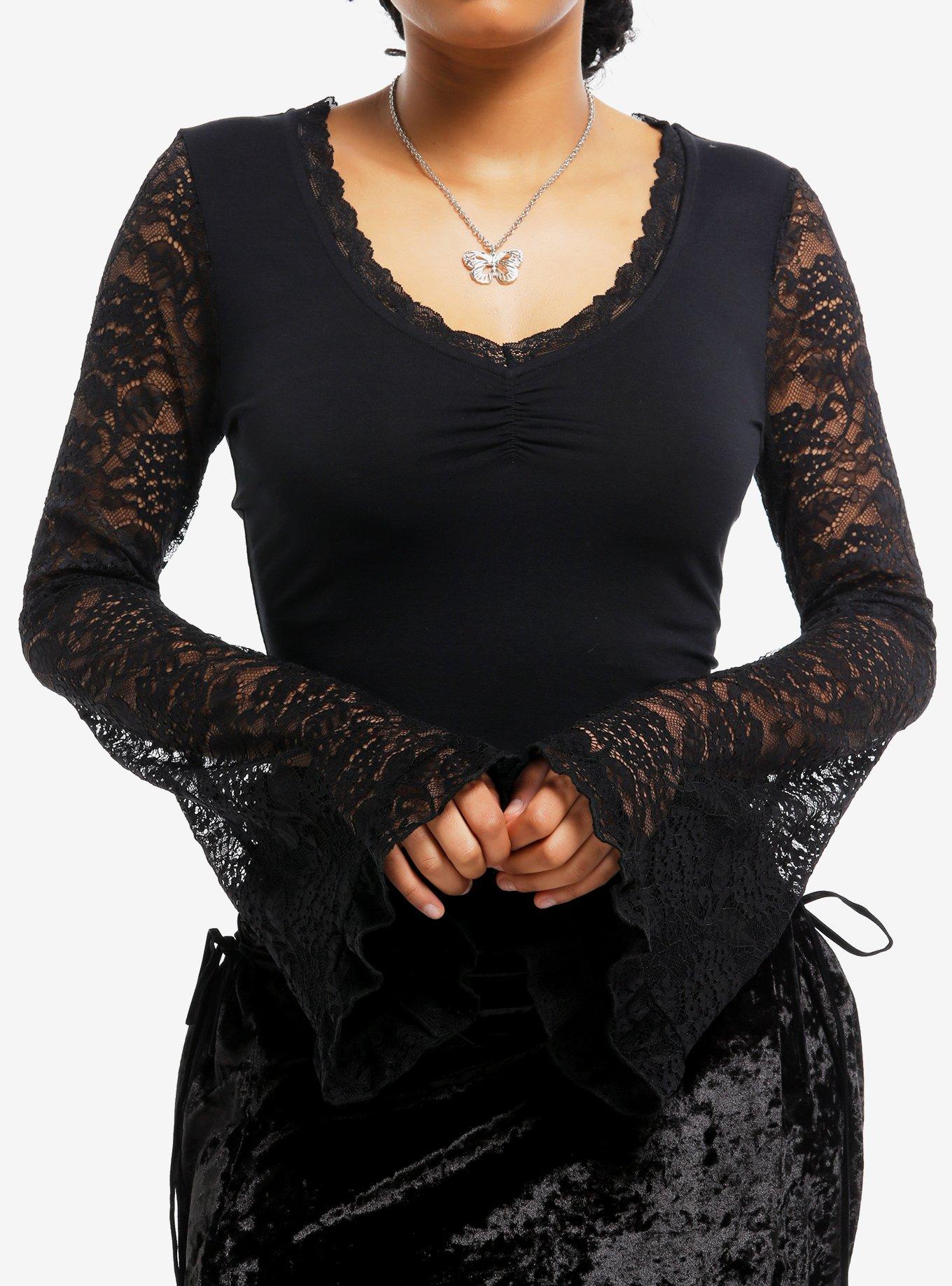 Cosmic Aura Black Butterfly Lace Girls Bell Sleeve Top, BLACK, hi-res
