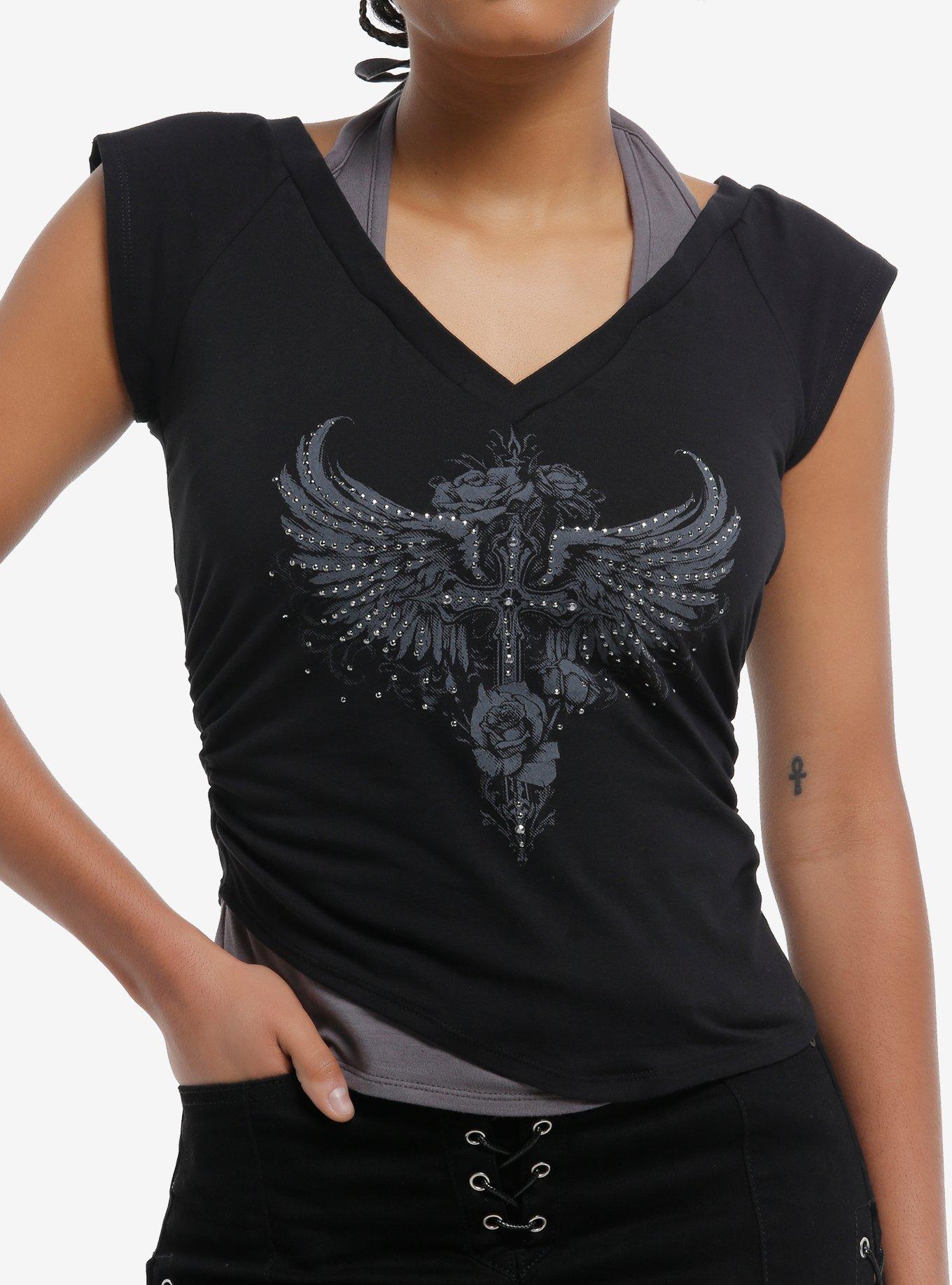 Black Winged Cross Rhinestone Twofer Halter Top, , hi-res