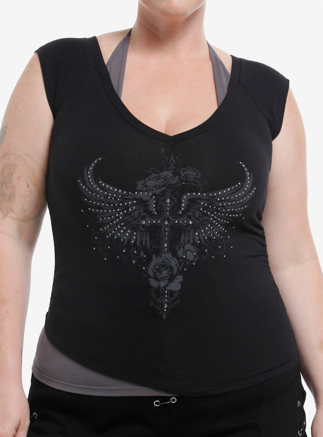 Black Winged Cross Rhinestone Twofer Halter Top Plus Size, GREY, hi-res