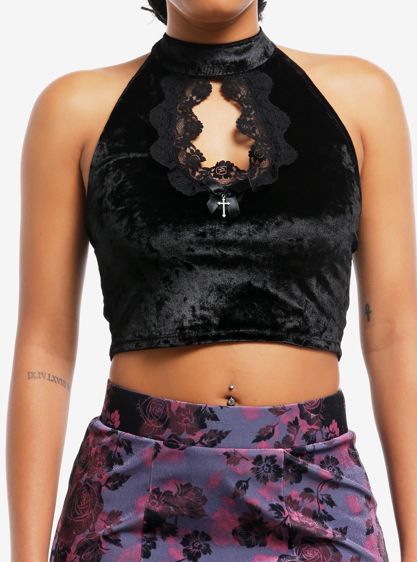 Cosmic Aura Black Velvet Lace Cutout Girls Halter Crop Top, , hi-res