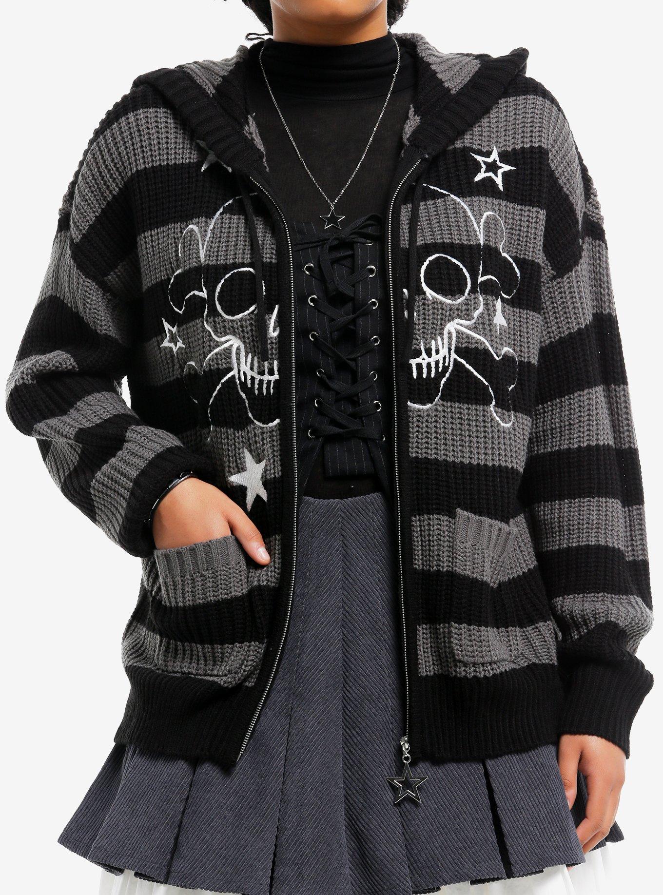 Black & Grey Stripe Skull Girls Knit Hoodie, , hi-res