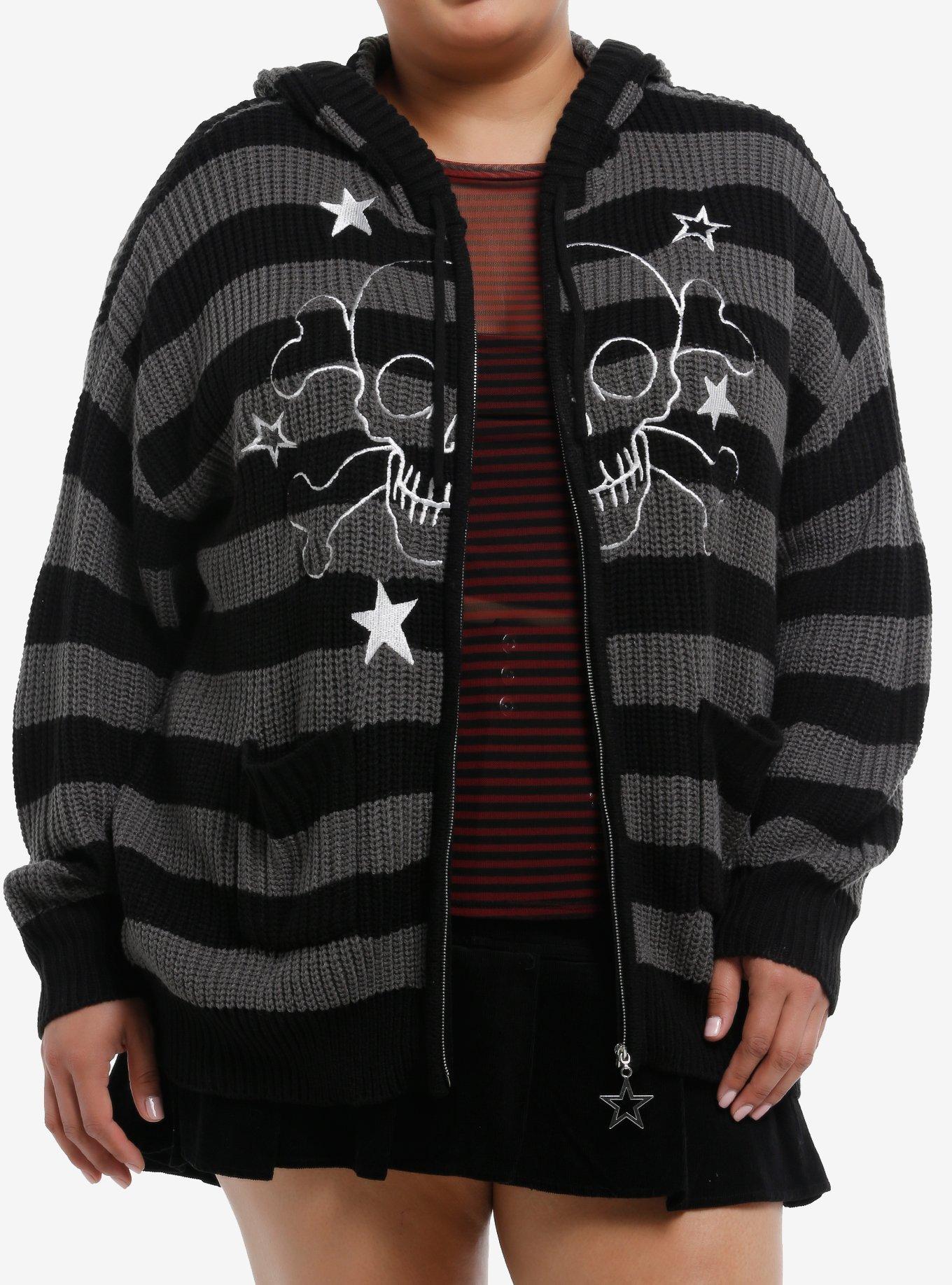Black & Grey Stripe Skull Girls Knit Hoodie Plus Size, , hi-res