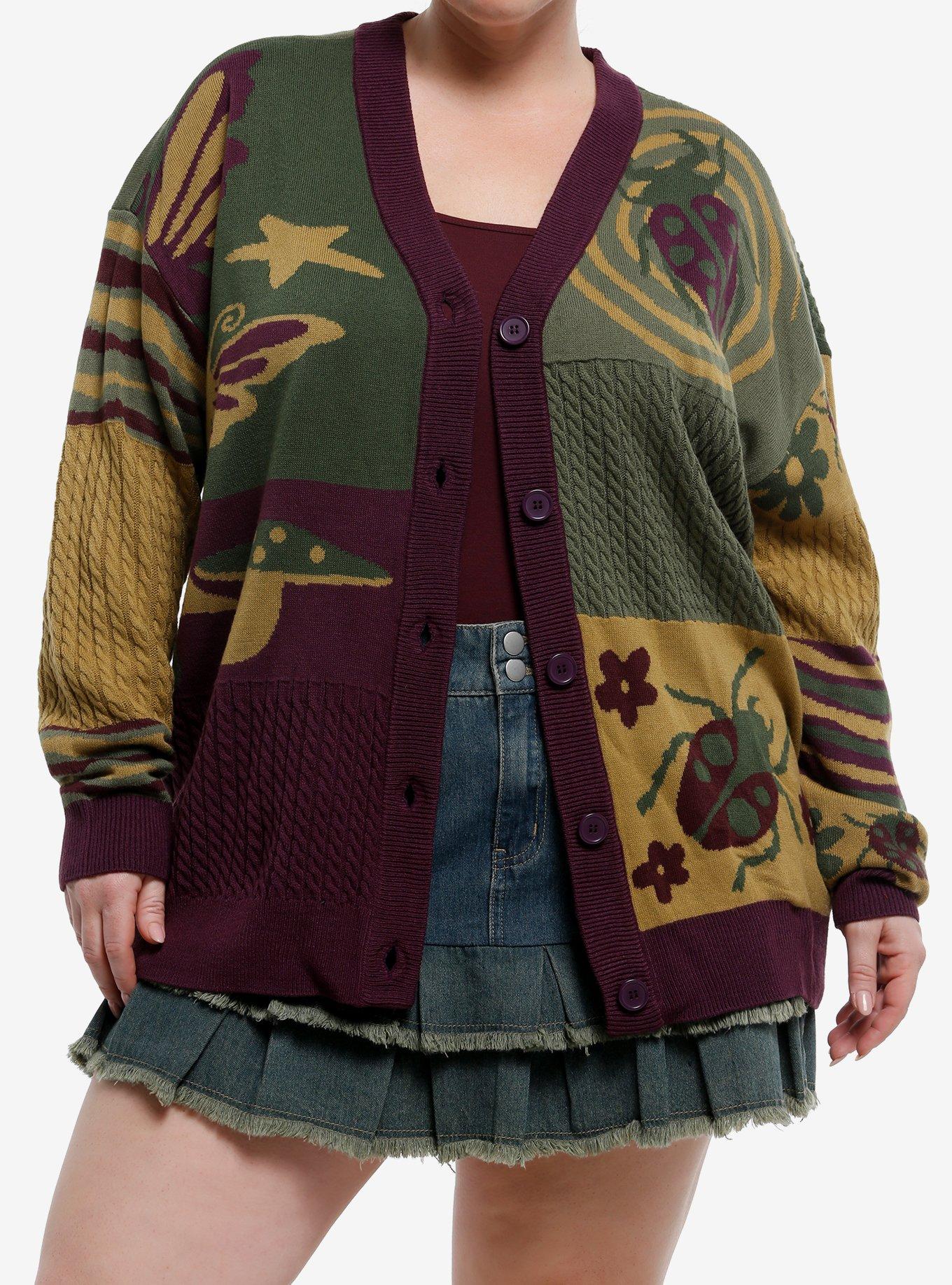 Thorn & Fable Grunge Bug Patchwork Girls Cardigan Plus Size, PURPLE, hi-res