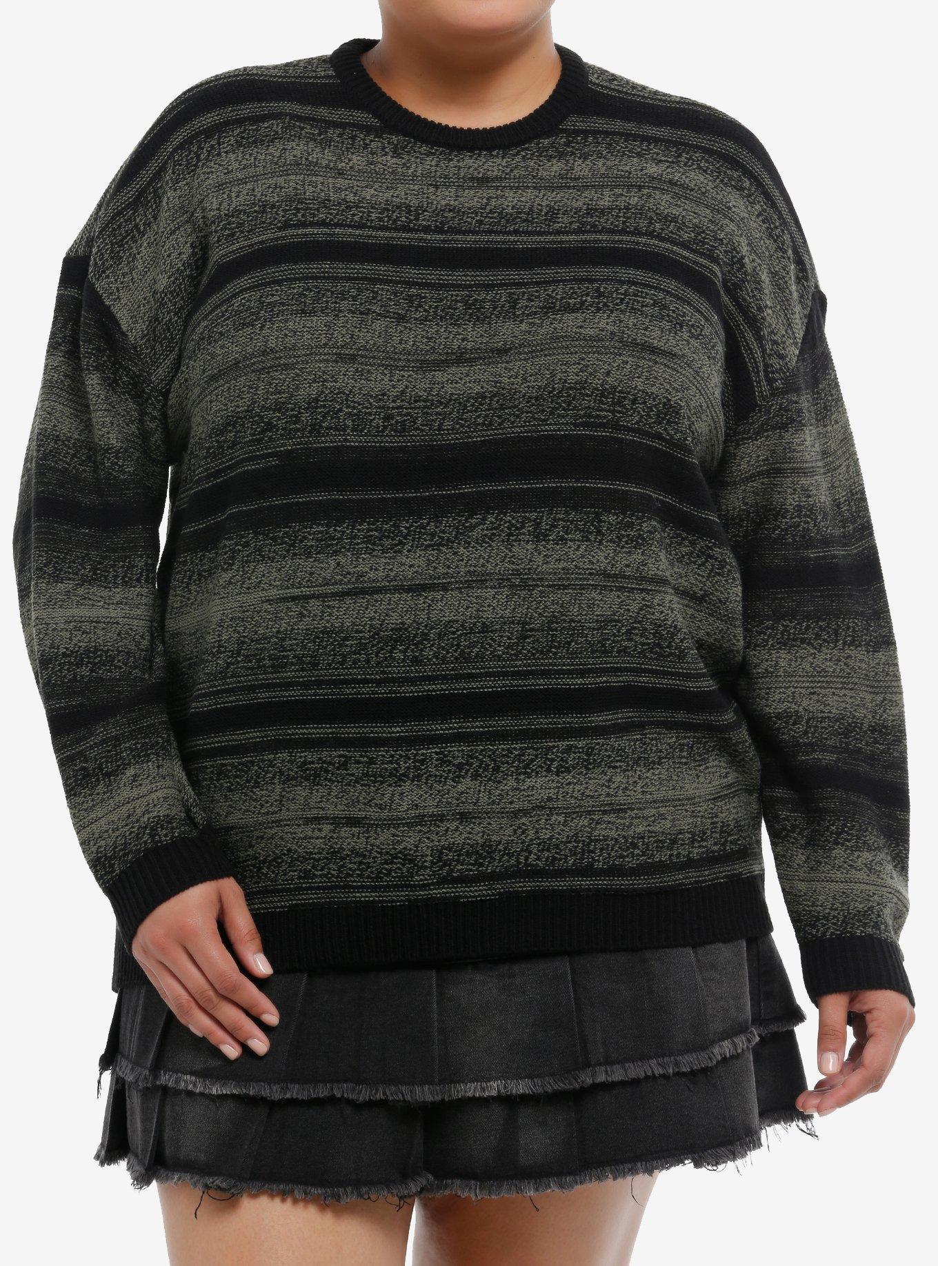 Social Collision Green & Black Stripe Girls Oversized Sweater Plus Size, , hi-res