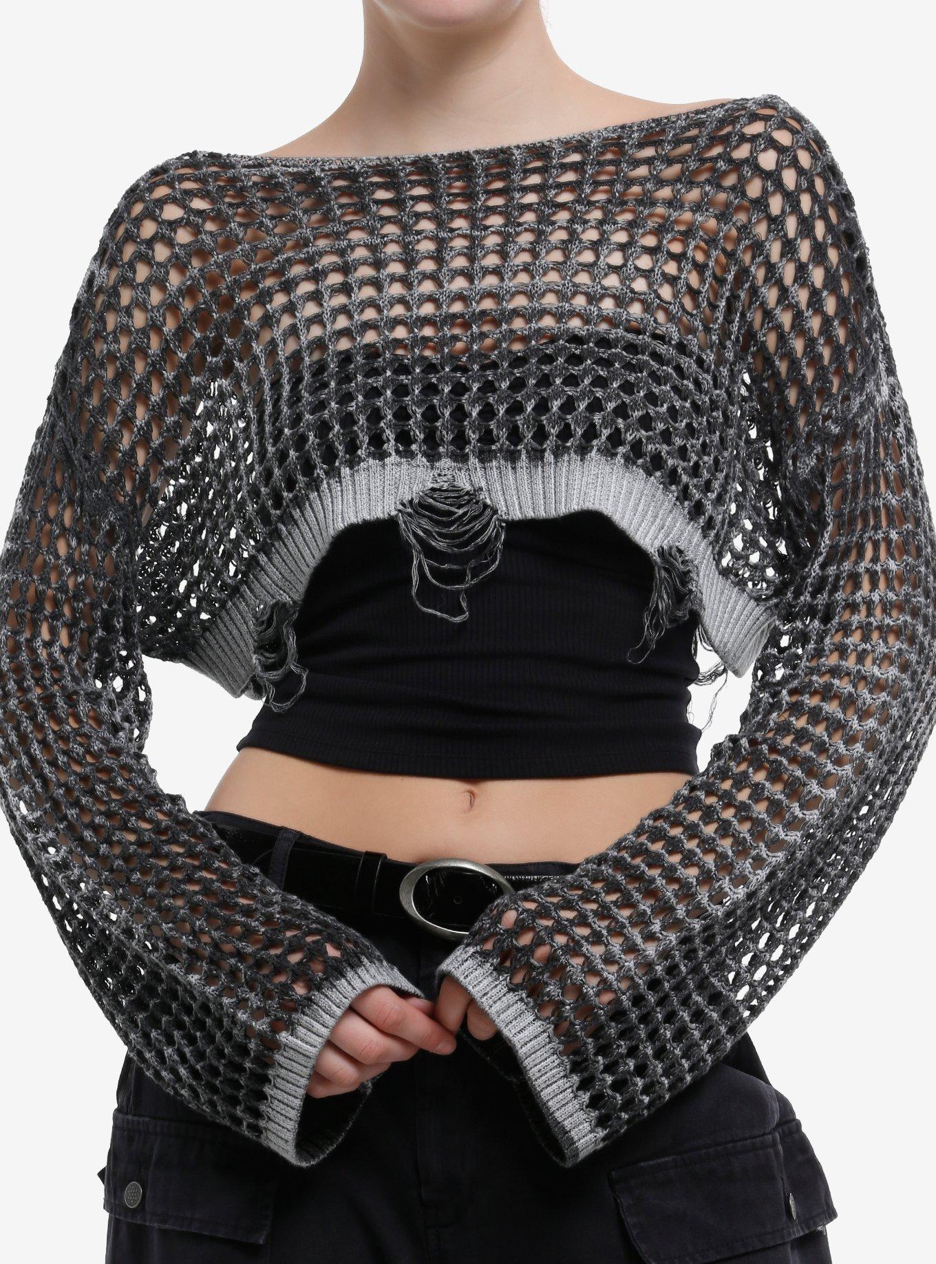 Black & Grey Destructed Knit Bolero Girls Crop Shrug, , hi-res