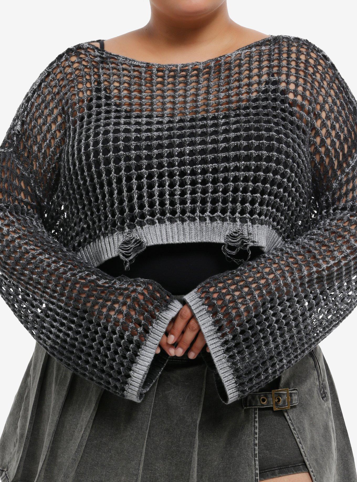 Black & Grey Destructed Knit Bolero Girls Crop Shrug Plus Size, , hi-res