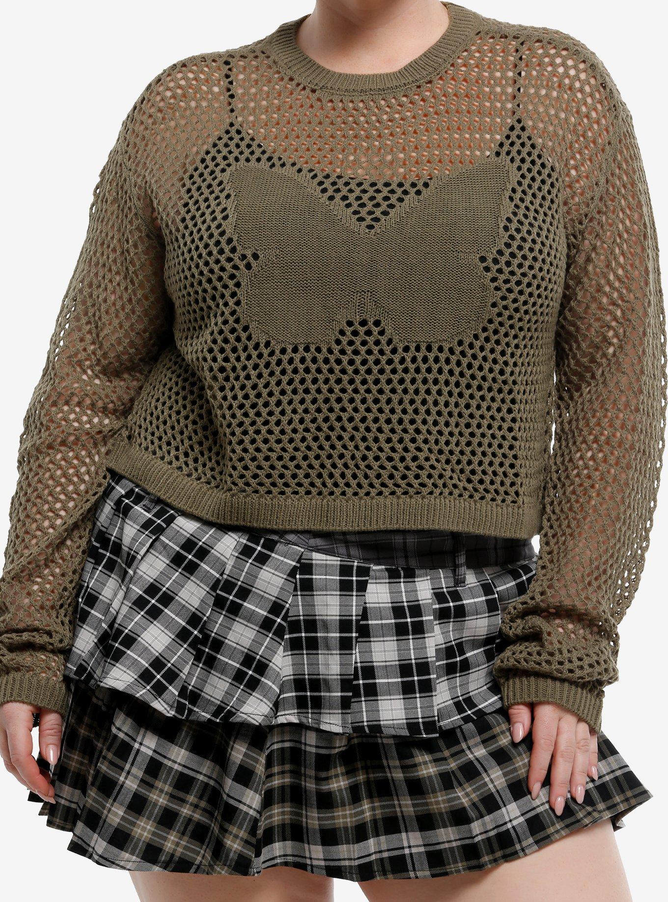 Thorn & Fable Olive Butterfly Open Knit Girls Crop Sweater Plus Size, , hi-res