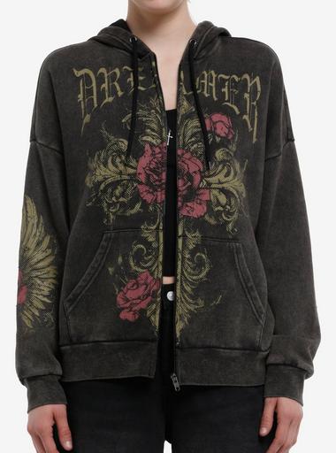Rose Filigree Dreamer Mineral Wash Girls Hoodie | Hot Topic