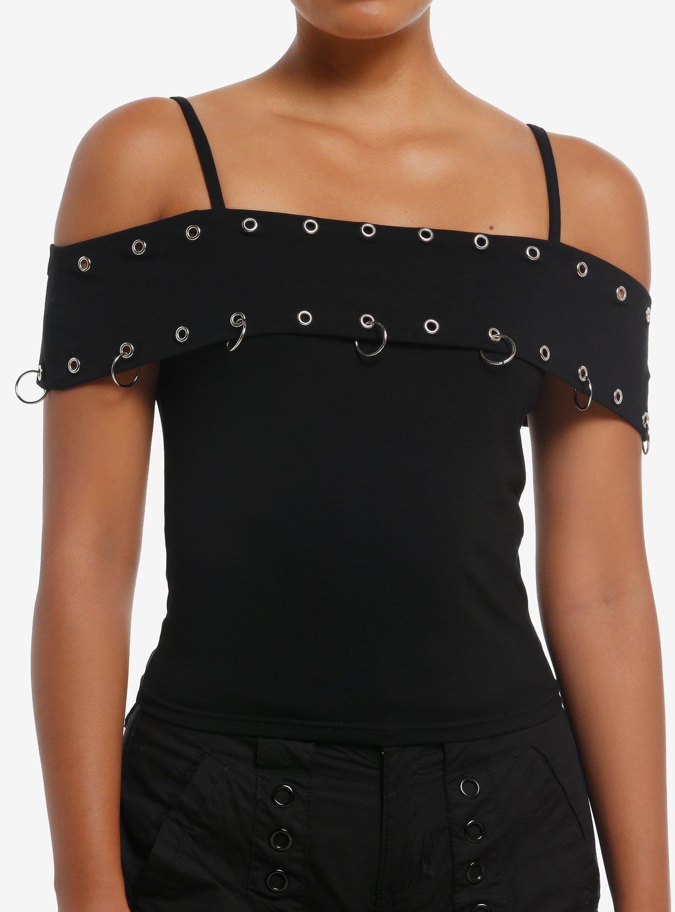 Black Grommet & Hardware Girls Cold-Shoulder Top, , hi-res