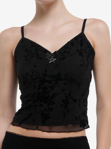 トップス Flower organdie camisole BLACK Black Flocked Floral Star Charm Girls Cami | Hot Topic