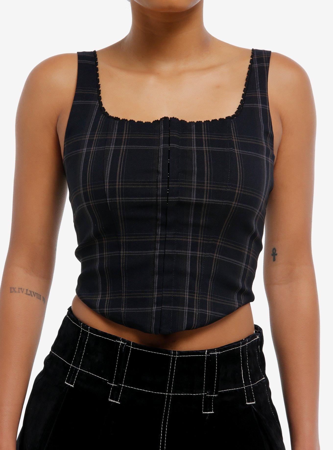 Black & Brown Plaid Corset Girls Tank Top, , hi-res