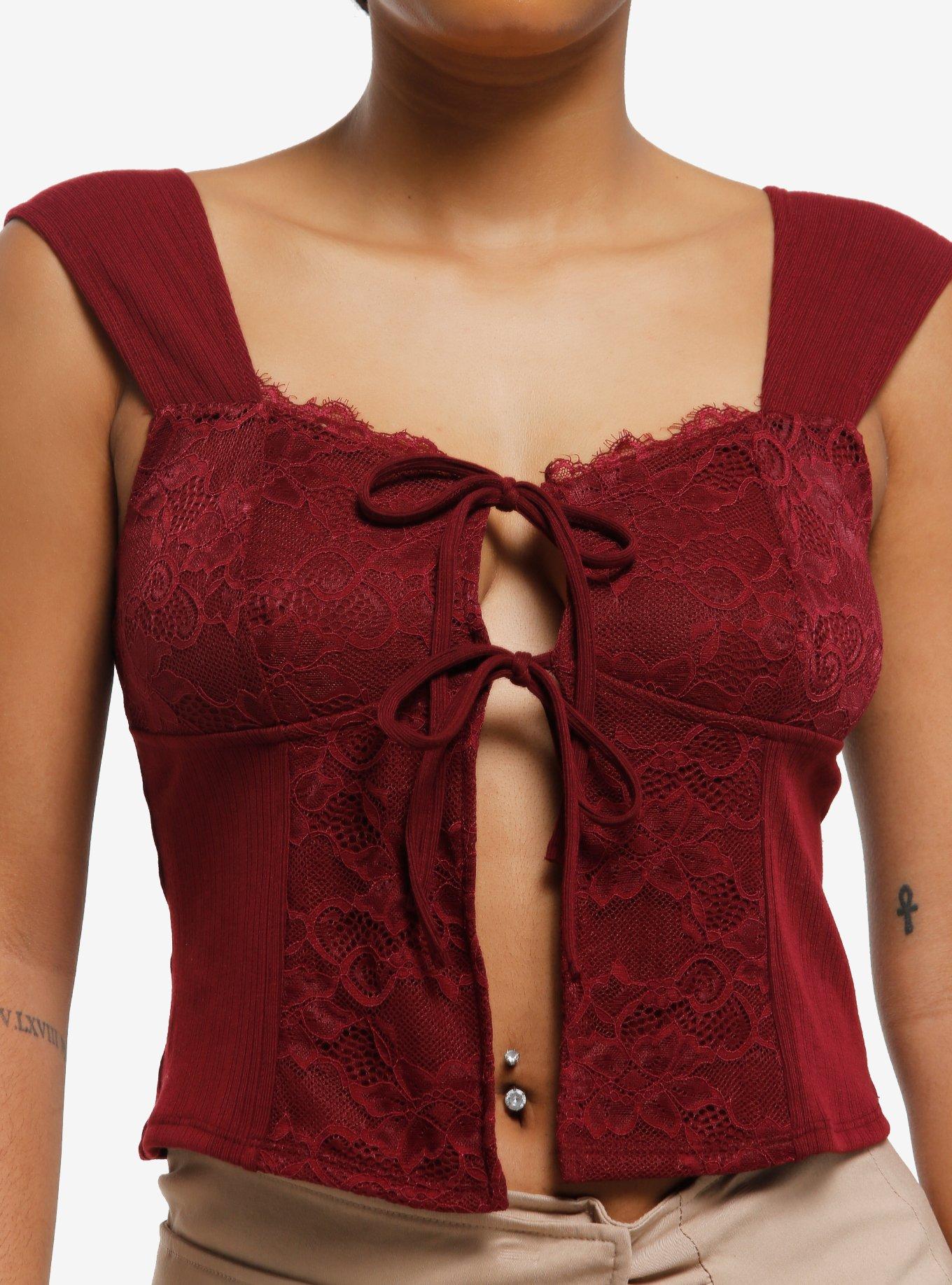 Maroon Lace Trim Front-Tie Girls Tank Top, , hi-res