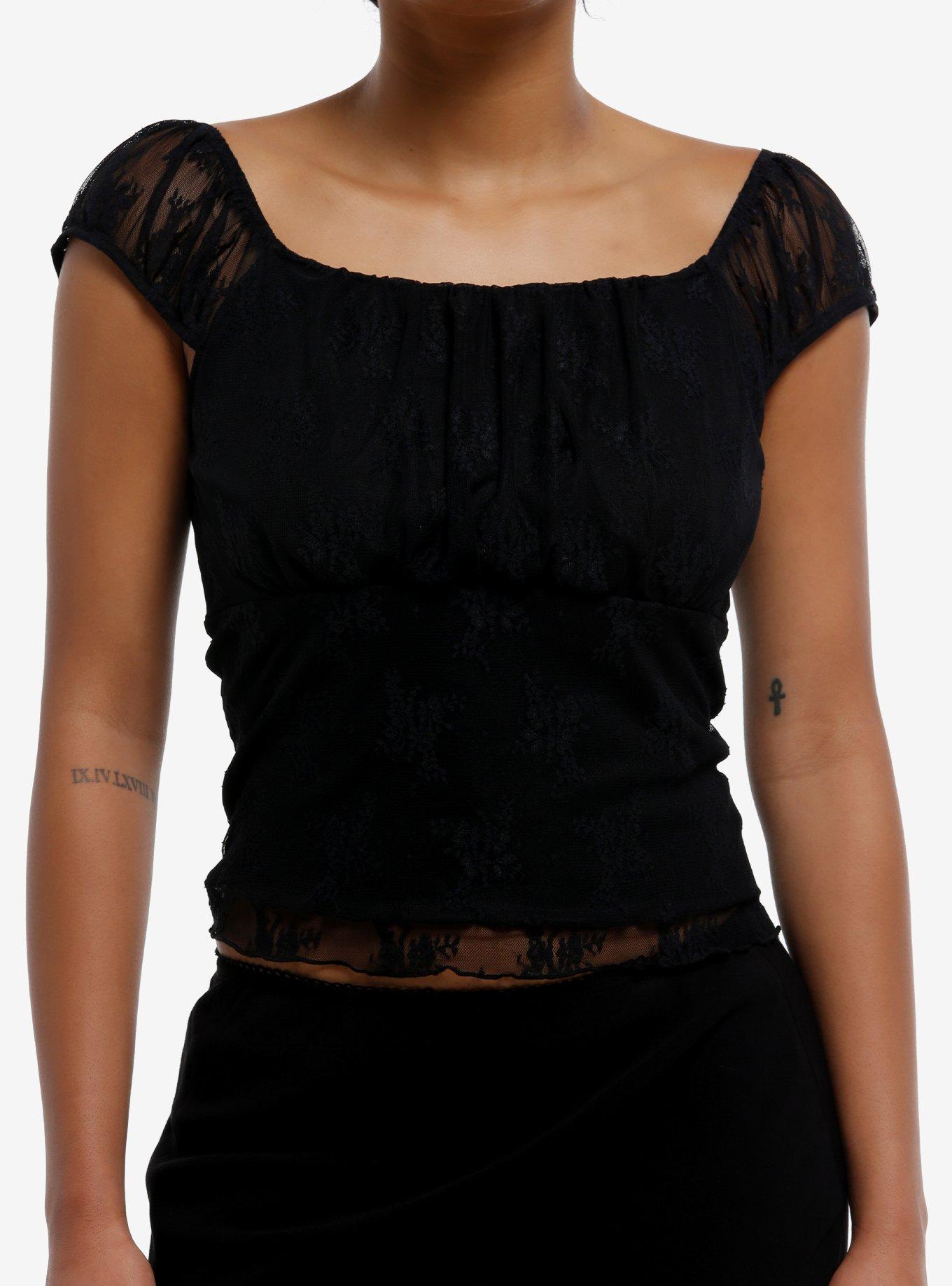 Cosmic Aura Black Floral Lace Girls Crop Top, BLACK, hi-res