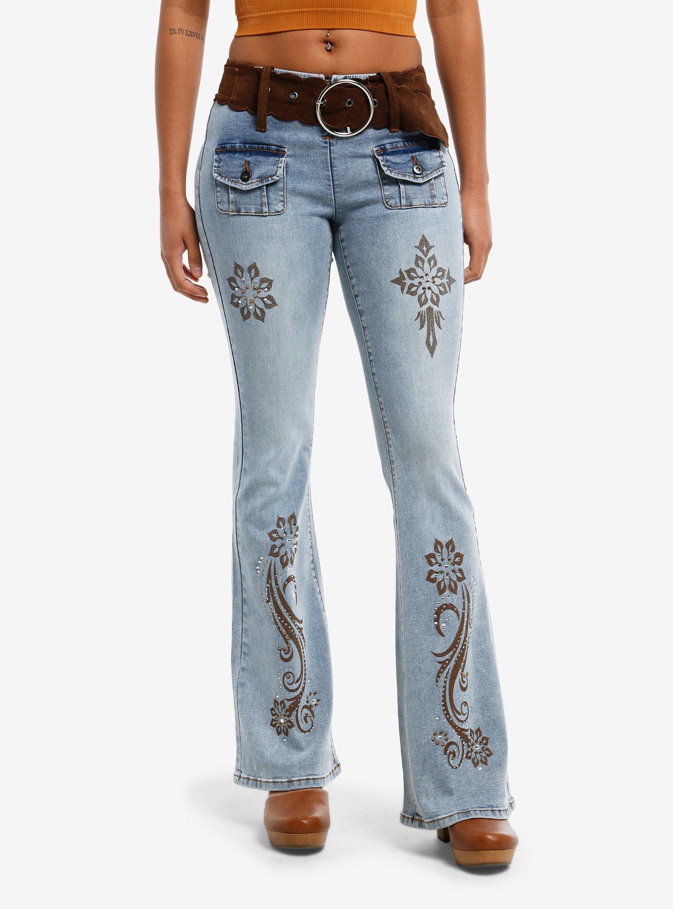 Light Indigo Y2K Brown Paisley Belted Jeans | Hot Topic