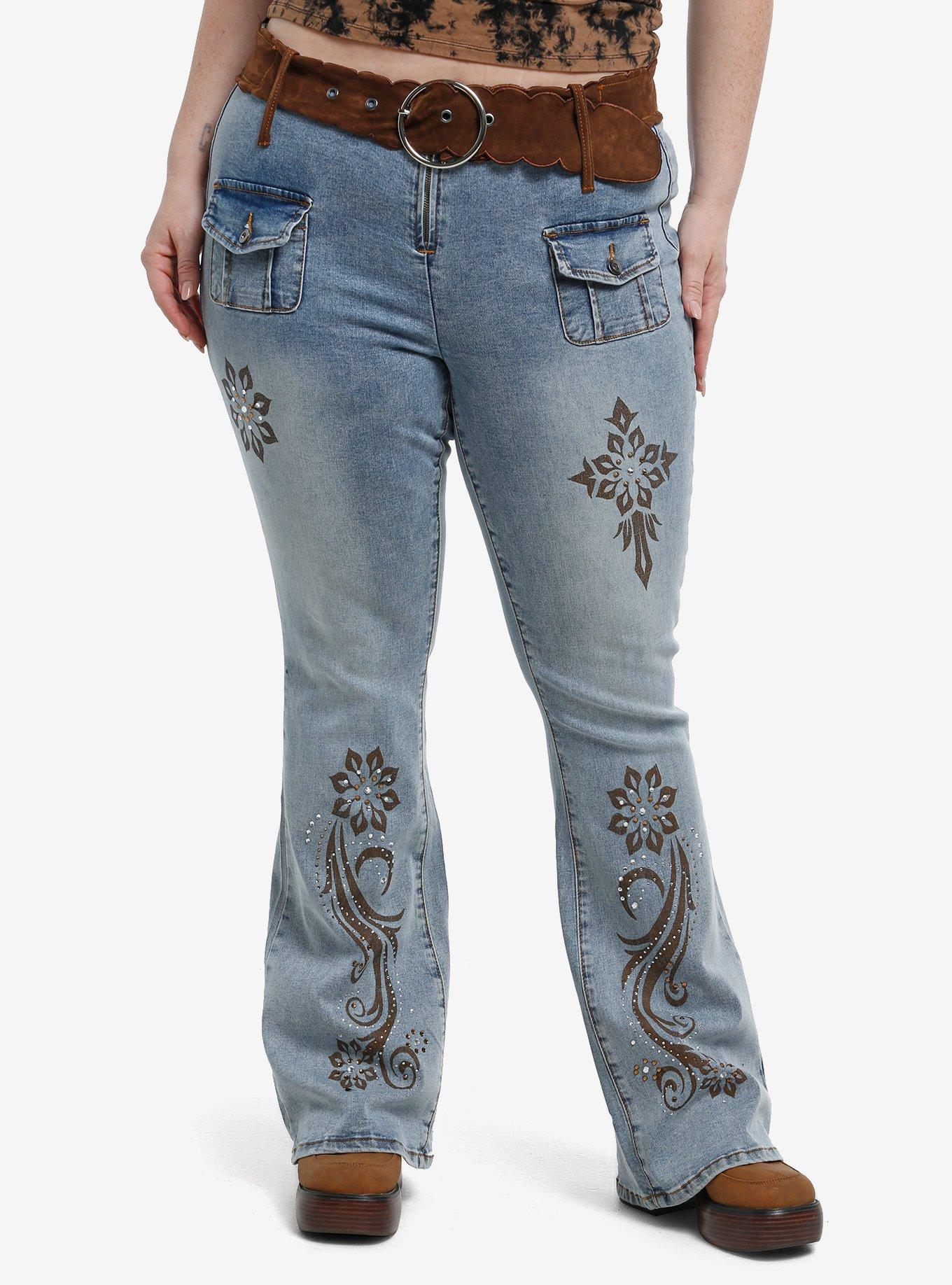Light Indigo Y2K Brown Paisley Belted Jeans Plus Size, , hi-res