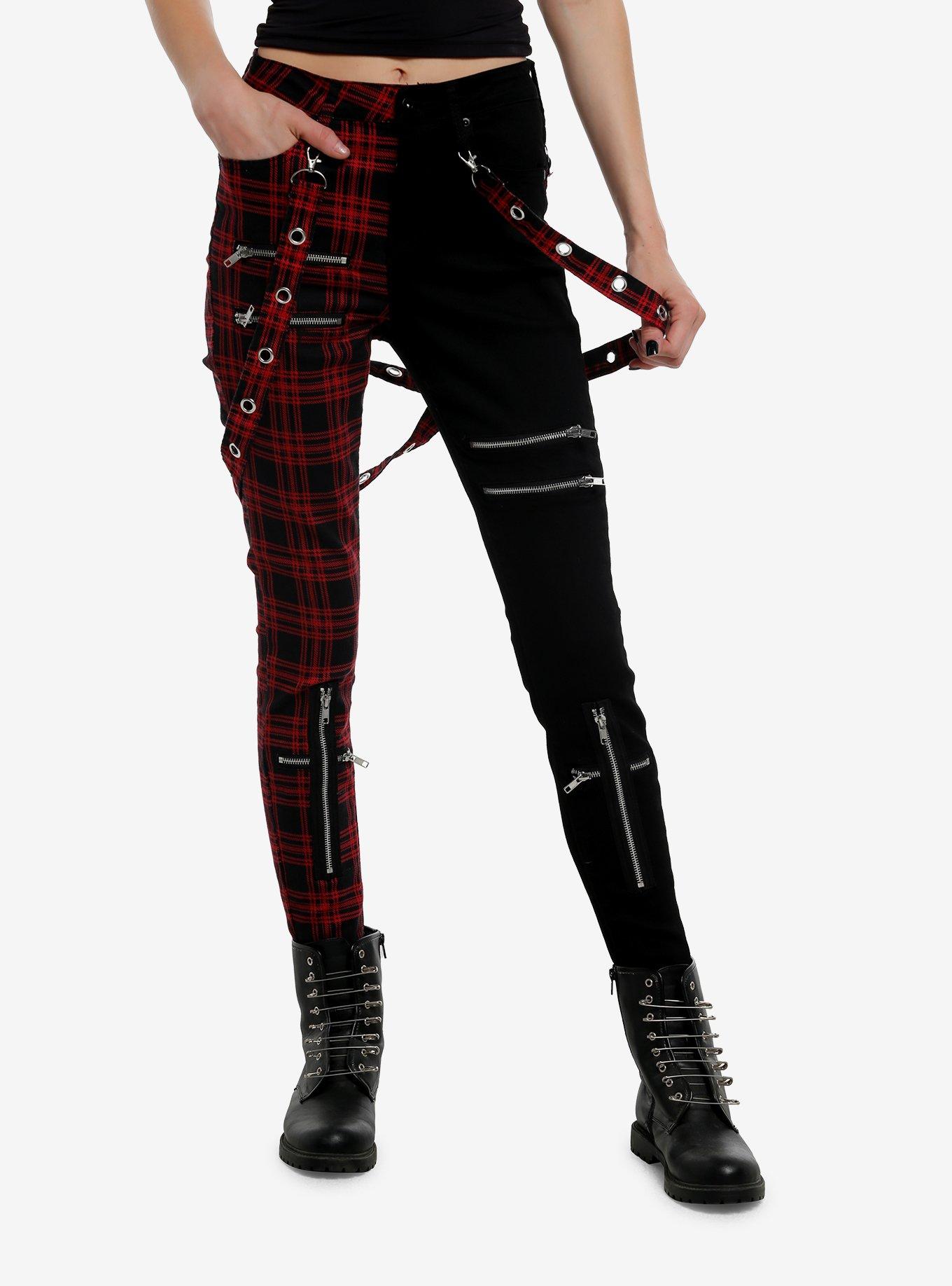Black & Red Plaid Split Suspender Super Skinny Jeans, , hi-res