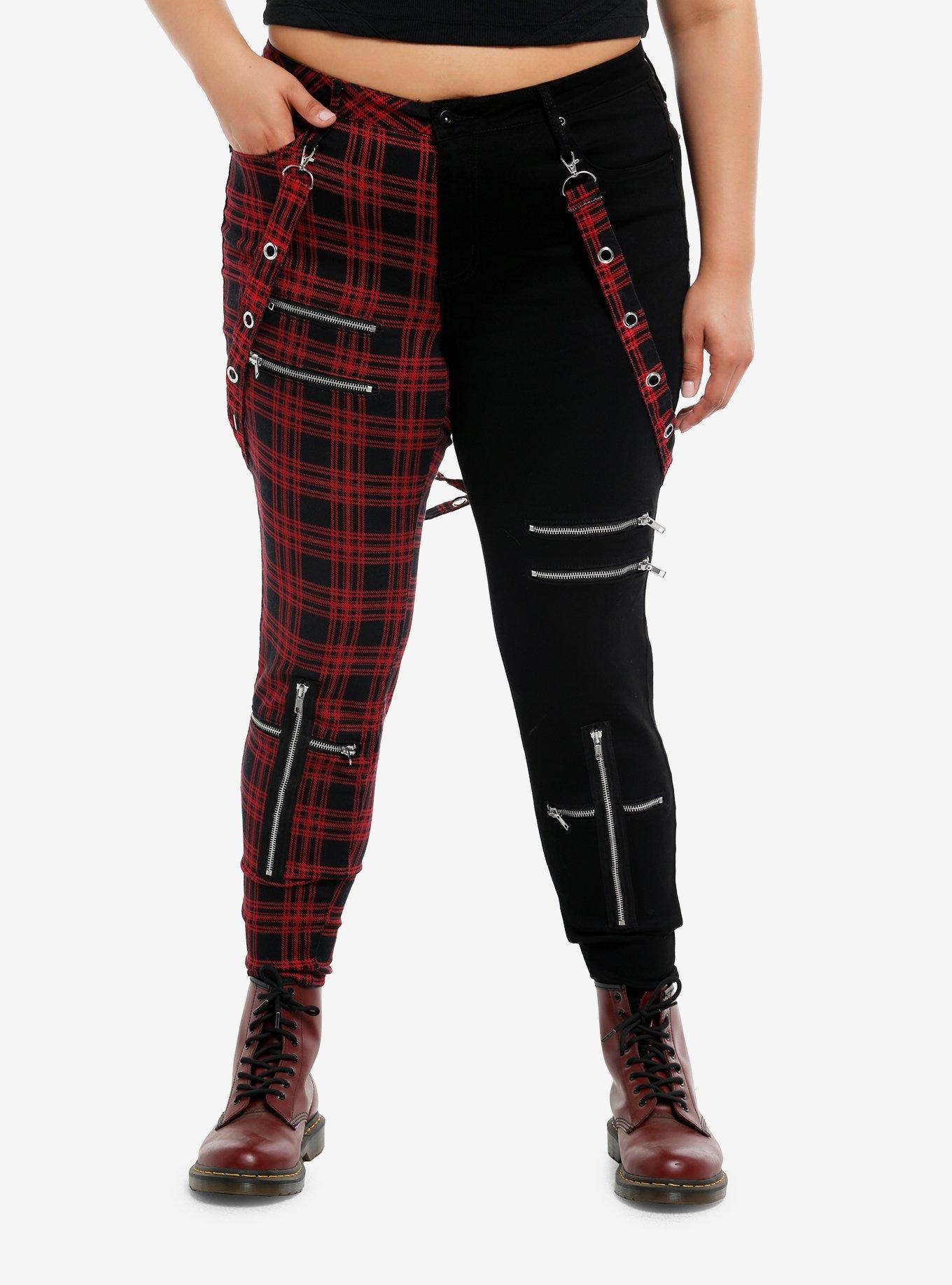 Black & Red Plaid Split Suspender Super Skinny Jeans Plus Size, , hi-res