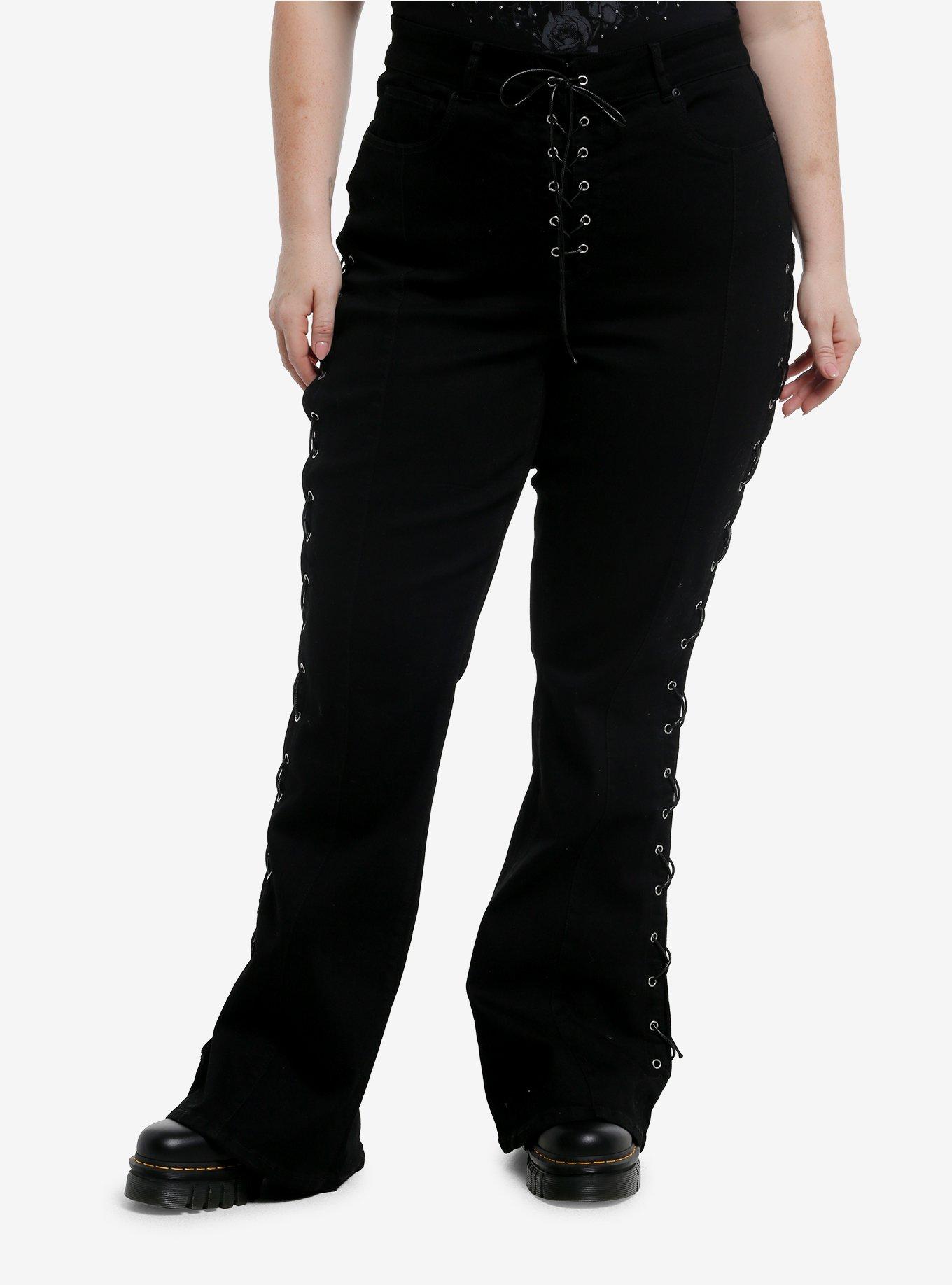 Black Lace-Up Flare Jeans Plus Size, , hi-res