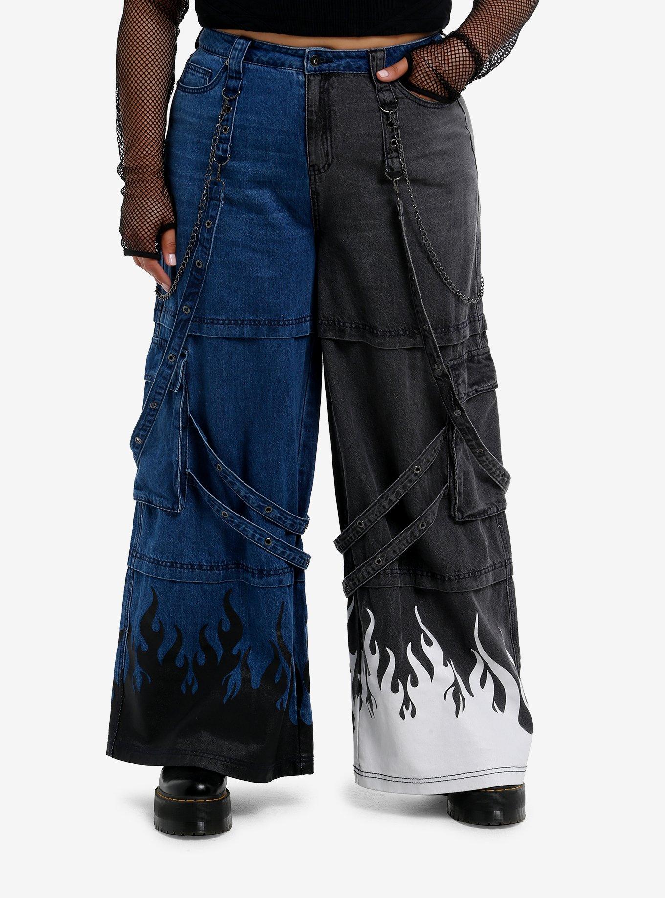 Flame Suspender Split Cargo Jeans Plus Size, , hi-res