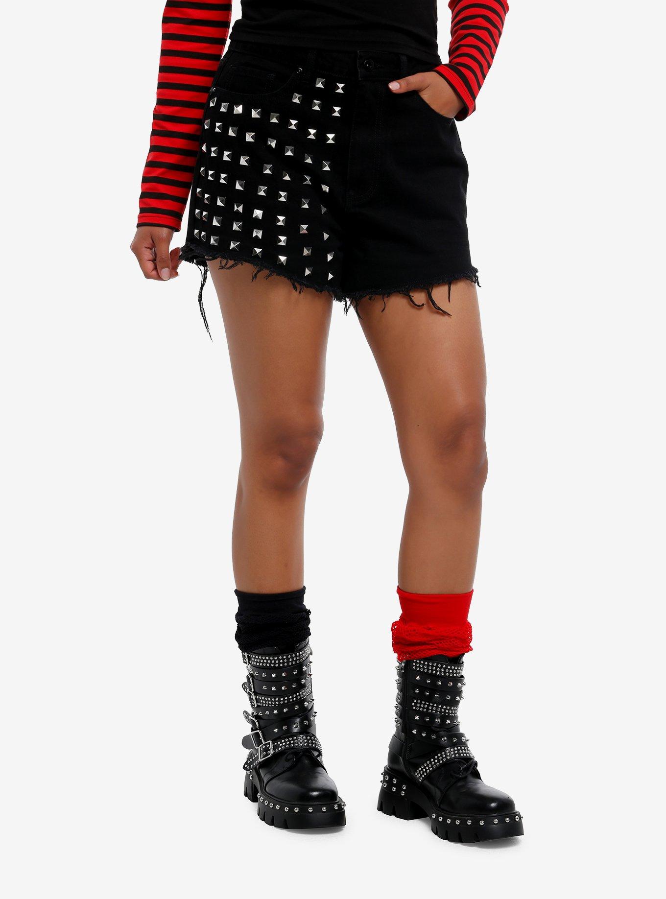 Social Collision Pyramid Stud Split High-Rise Shorts, , hi-res