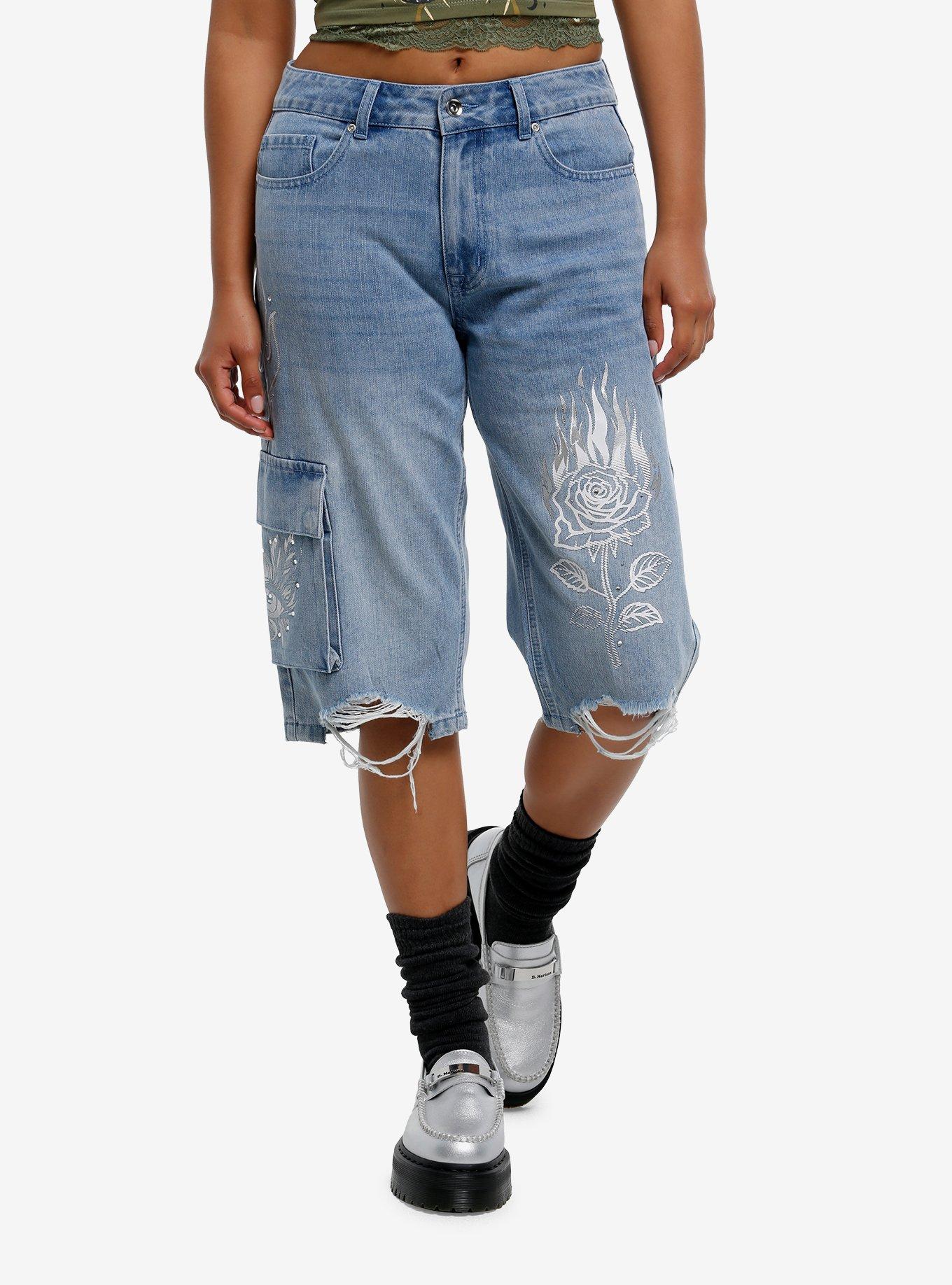 Light Indigo White & Silver Flames Cargo Jorts, , hi-res