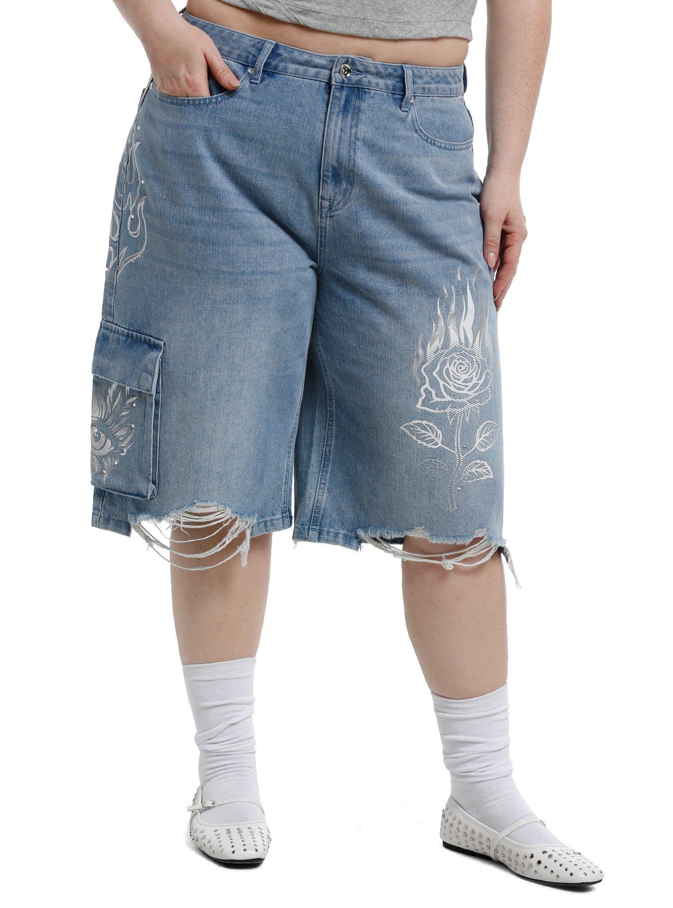 Light Indigo White & Silver Flames Cargo Jorts Plus Size, , hi-res