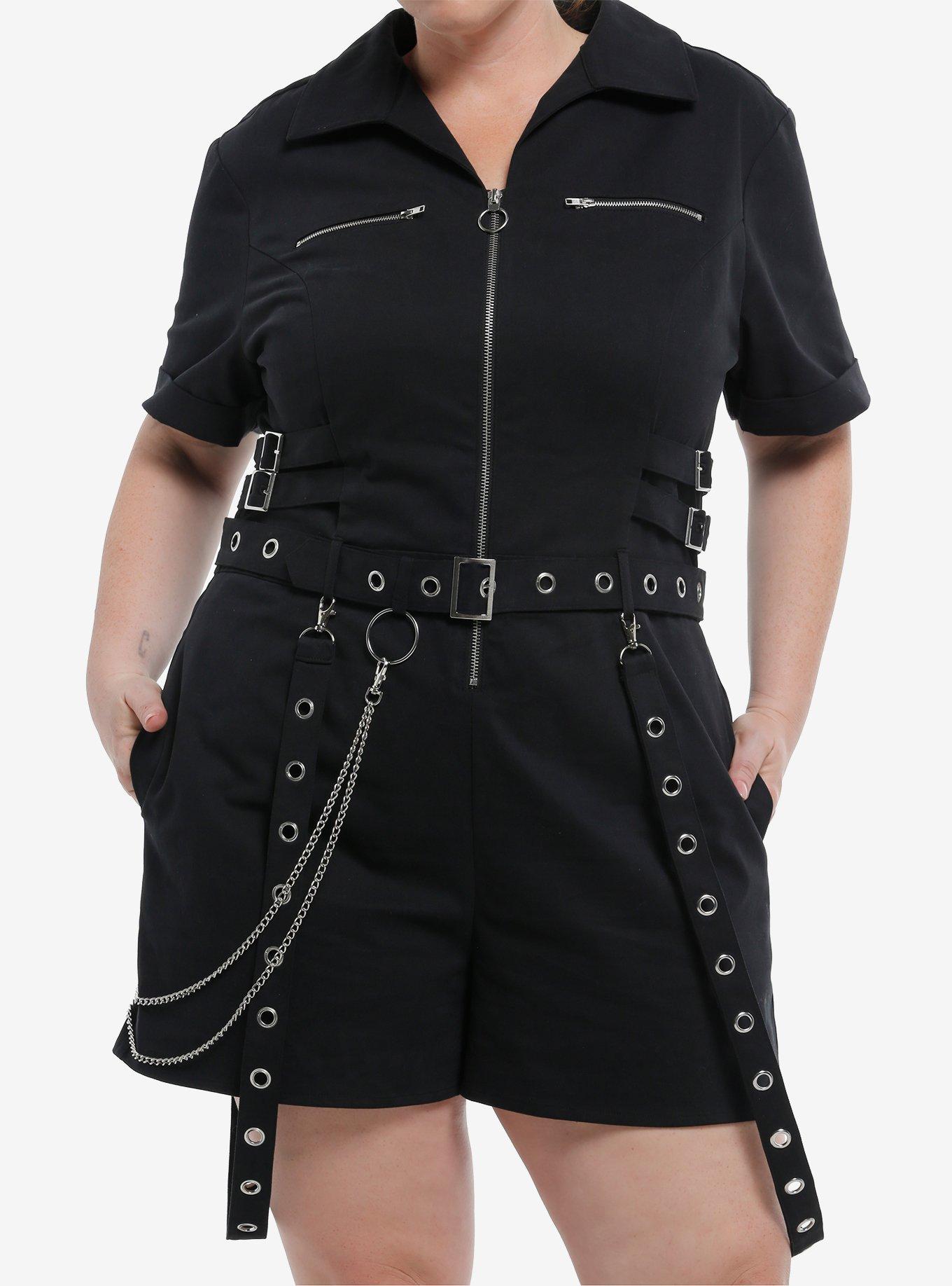 Social Collision Chains & Grommets Zip Romper Plus Size, BLACK, hi-res