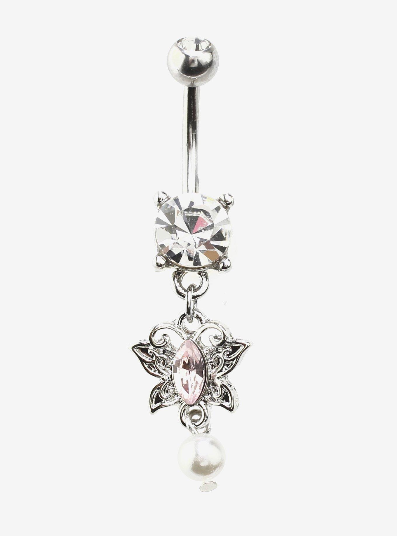 14G Steel Butterfly Bling Navel Barbell, , hi-res