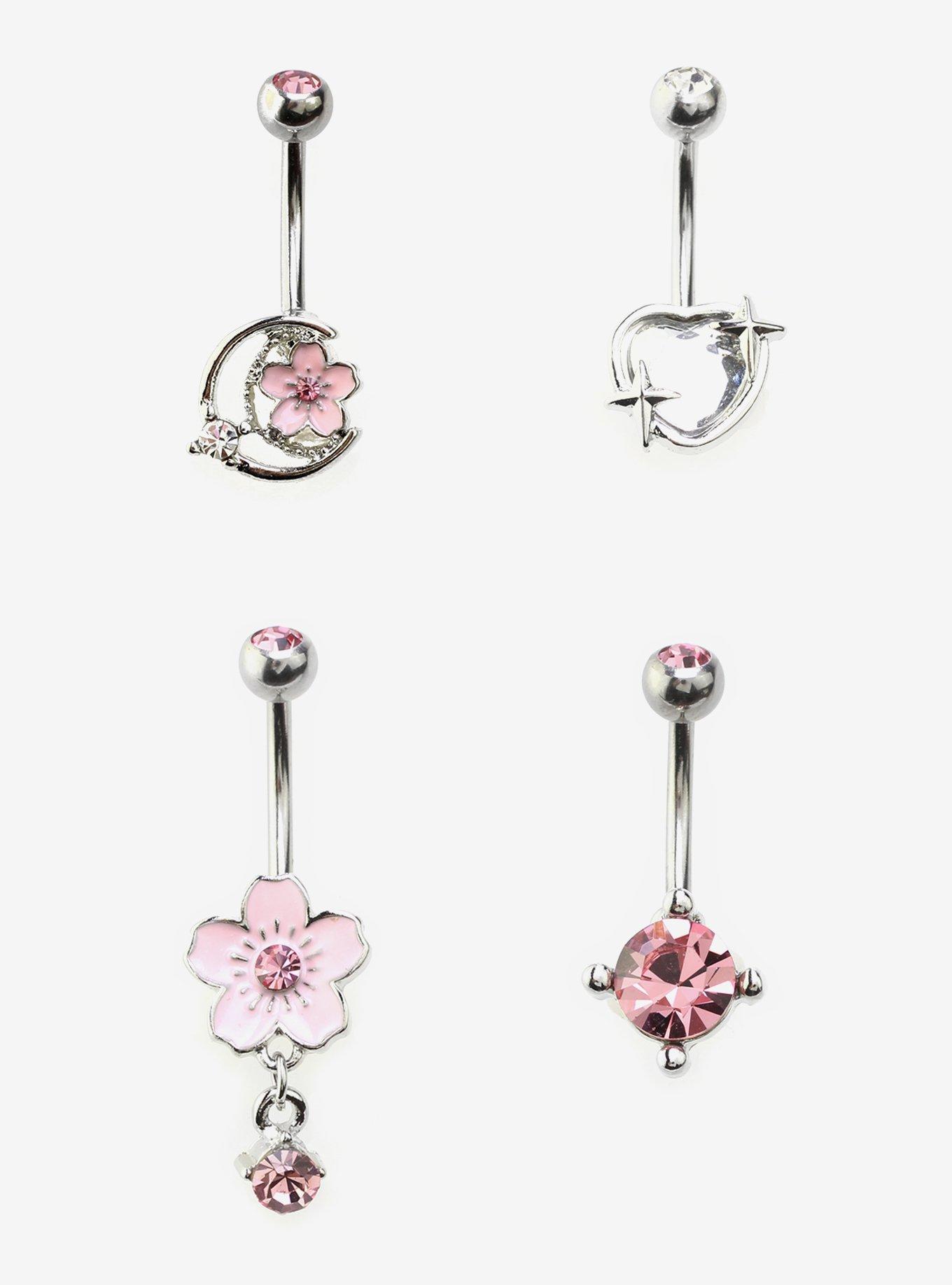 14G Steel Silver Sakura Moon Navel Barbell 4 Pack, , hi-res