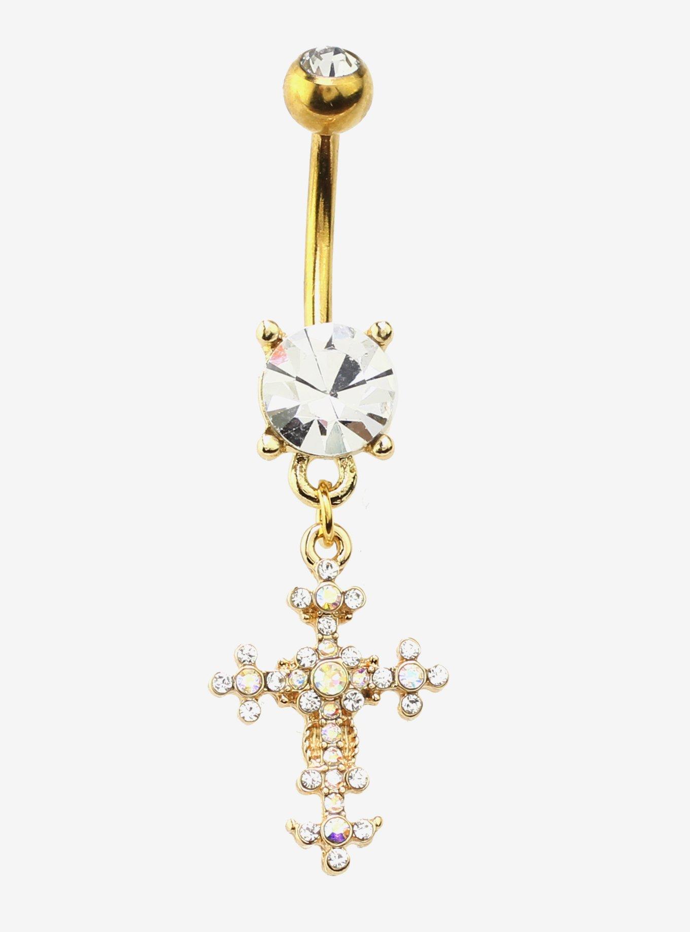 14G Steel Gold Cross Bling Navel Barbell, , hi-res