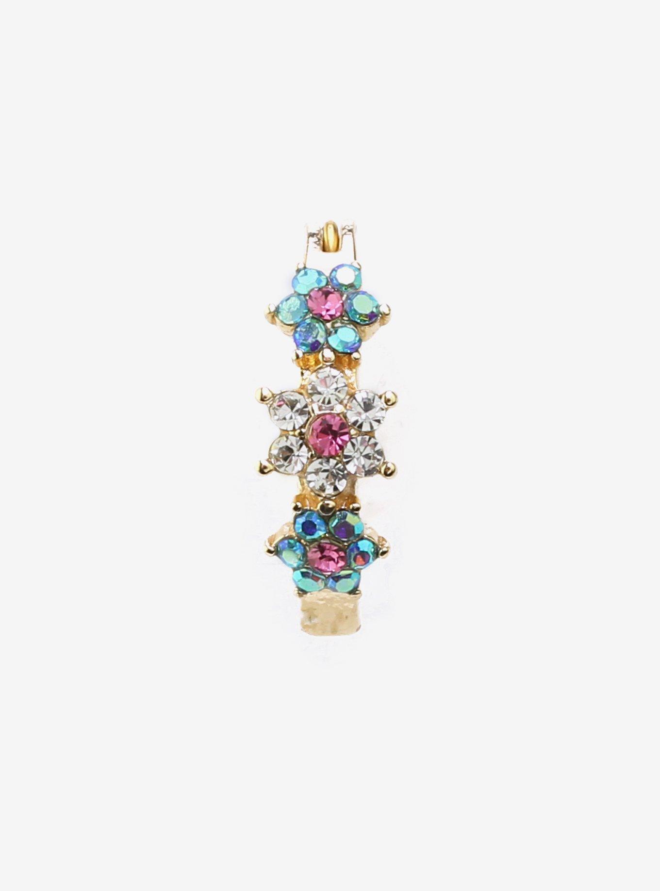 14G Steel Gold Blue & Pink Floral Navel Hinged Clicker, , hi-res