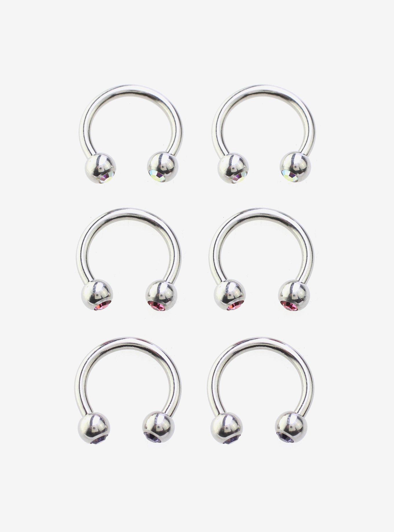 Steel Silver & Colorful Gem Circular Barbell 6 Pack, , hi-res