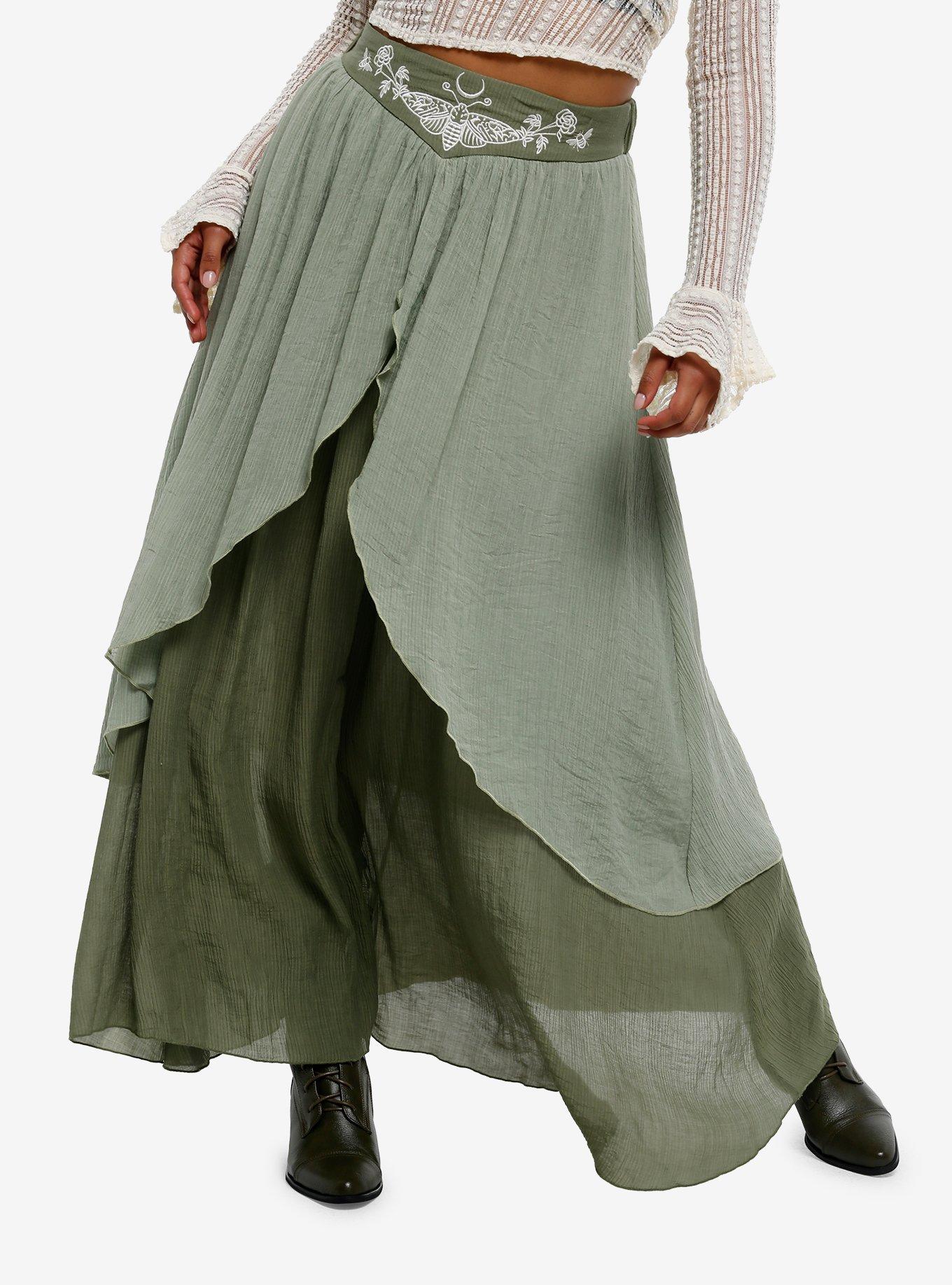 Thorn & Fable Green Moth Layered Midi Skirt, GREEN, hi-res